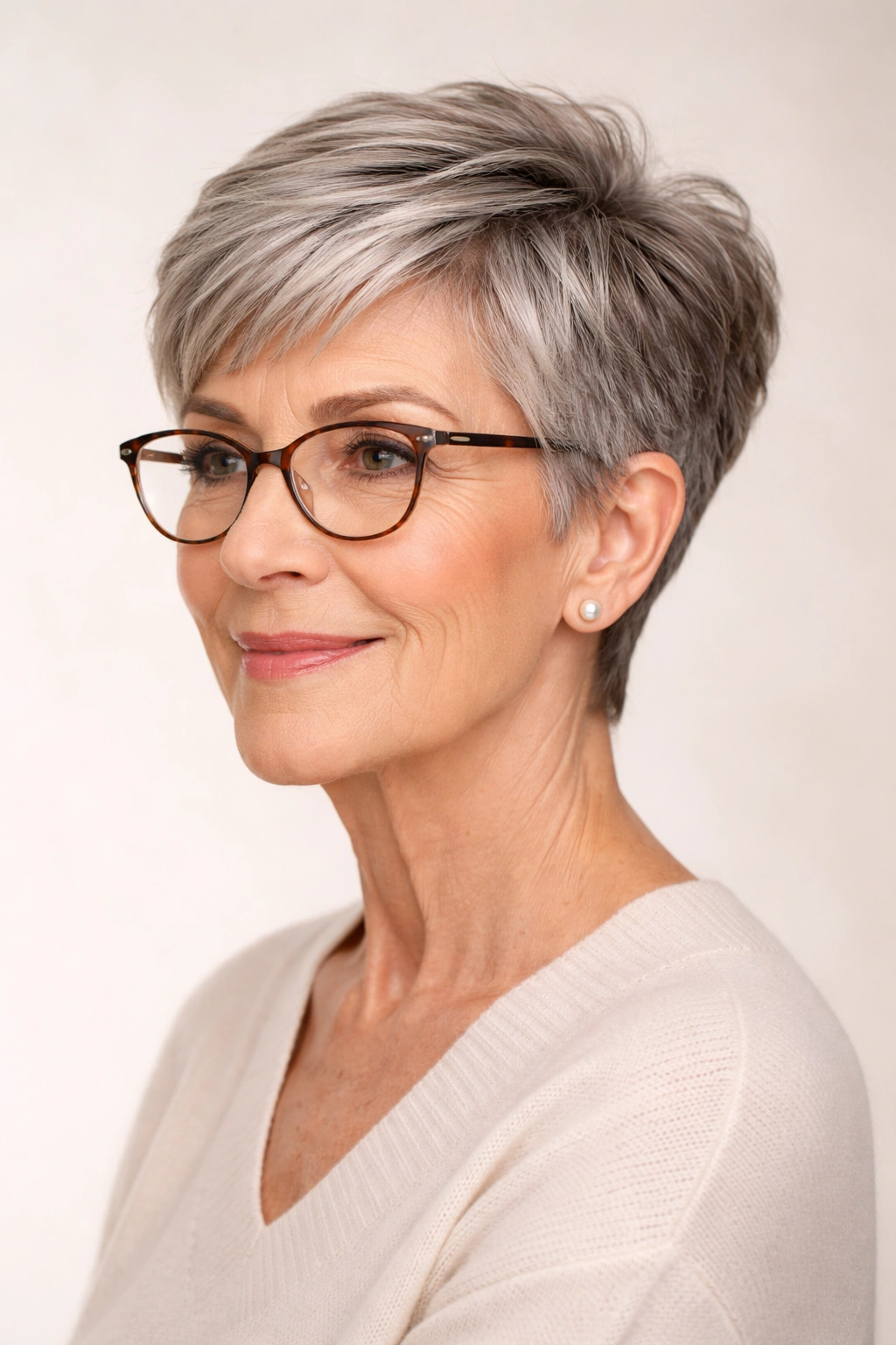 Portrait of a woman with a tapered pixie cut showing clean lines