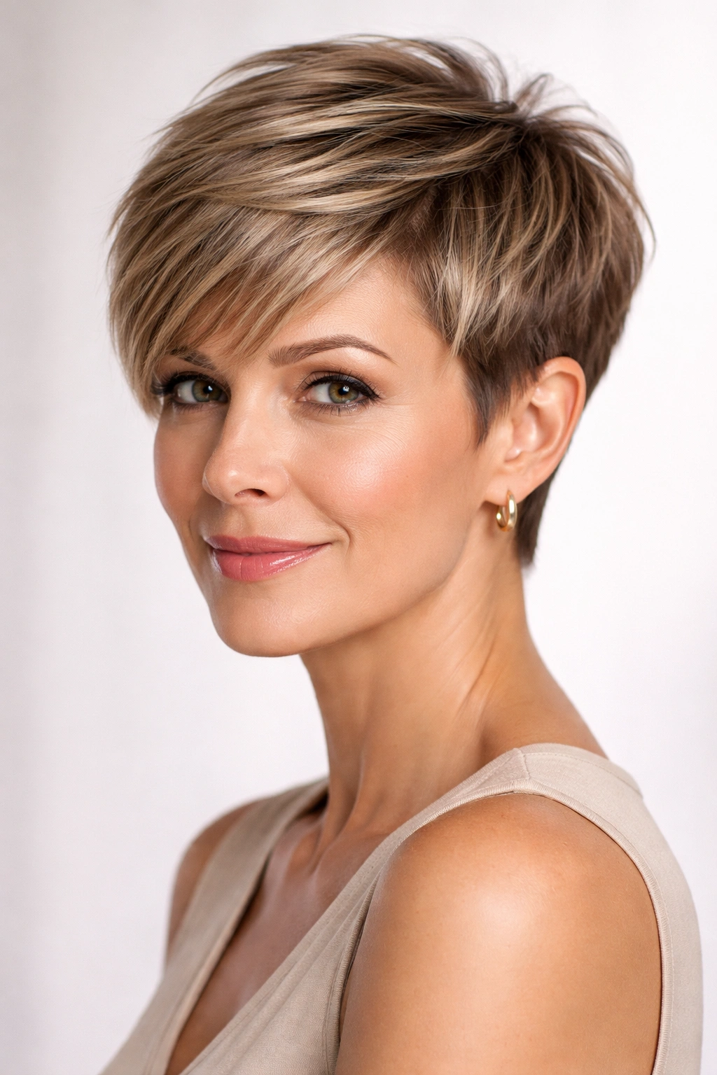 Tapered pixie haircut with short sides and longer top.