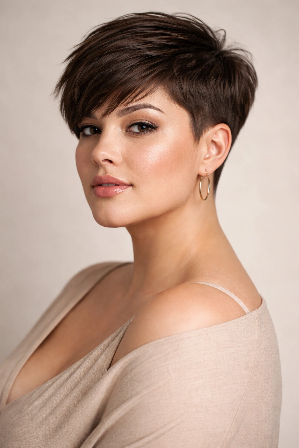 Close-up portrait of a plus-size model with a tapered pixie cut highlighting neck elongation and facial framing