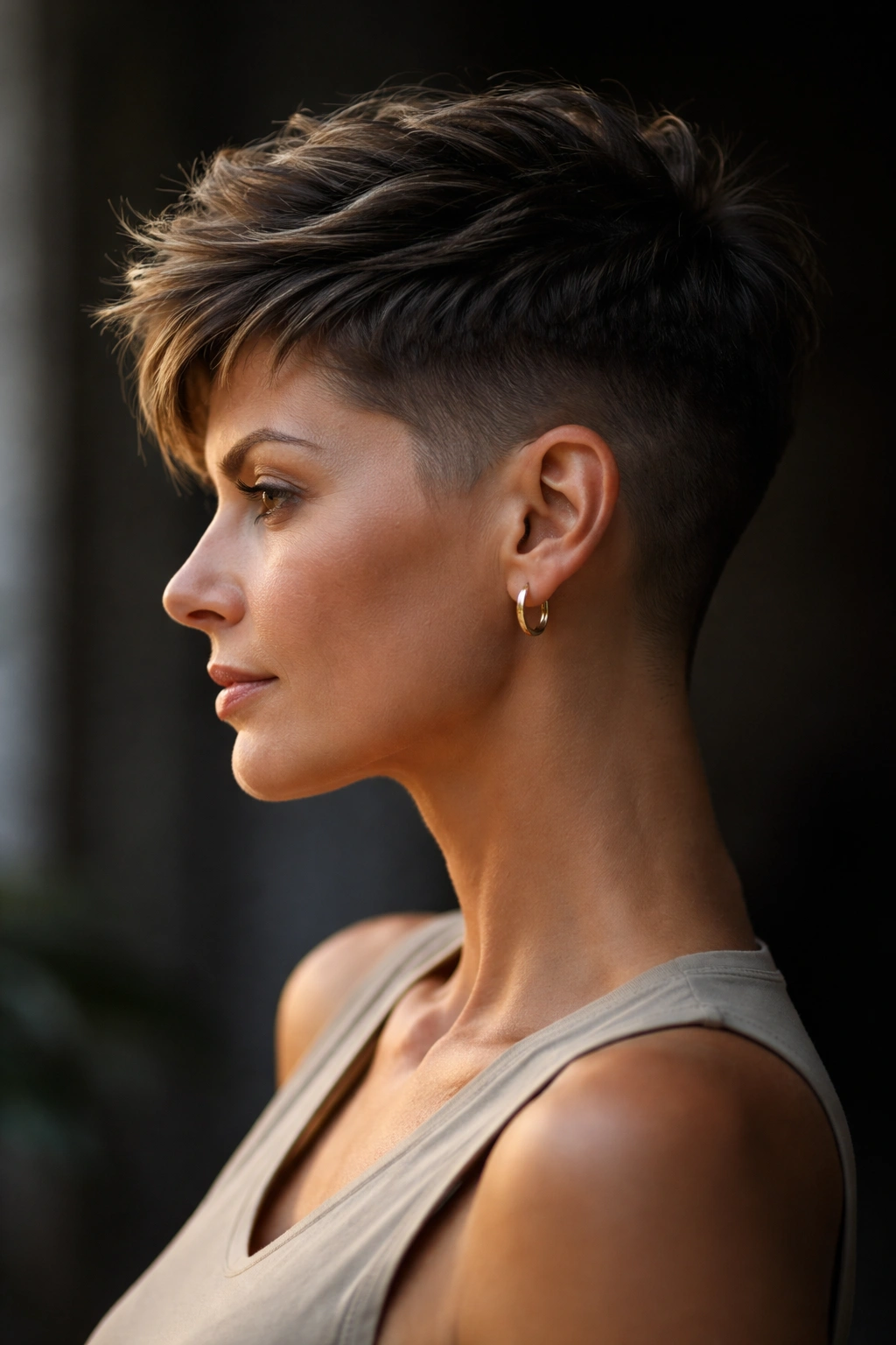 12 Pixie Cuts That Look Stunning In Your 40s 6 Side profile of a tapered pixie fade with ultra-short sides and longer top.