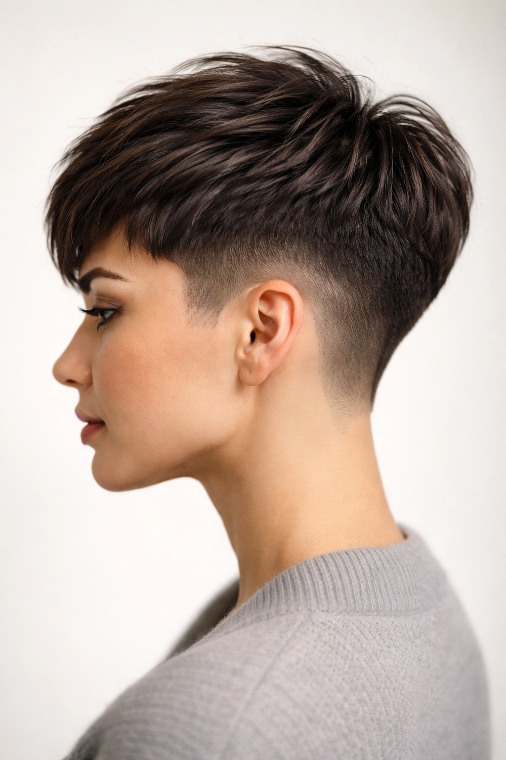10 Edgy Pixie Haircuts For The Confident Woman 10 Close-up of a tapered pixie showing a fade from nape to crown and textured crown, studio lighting