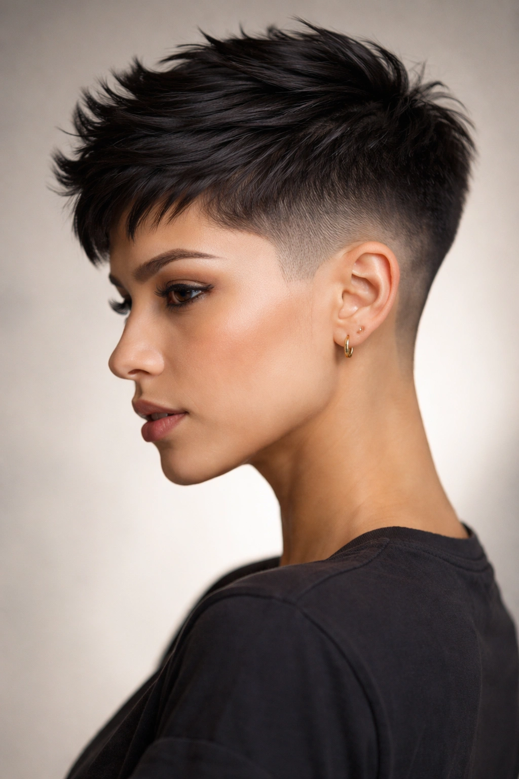 Profile view of a tapered pixie fade with sharp lines on the back and sides.