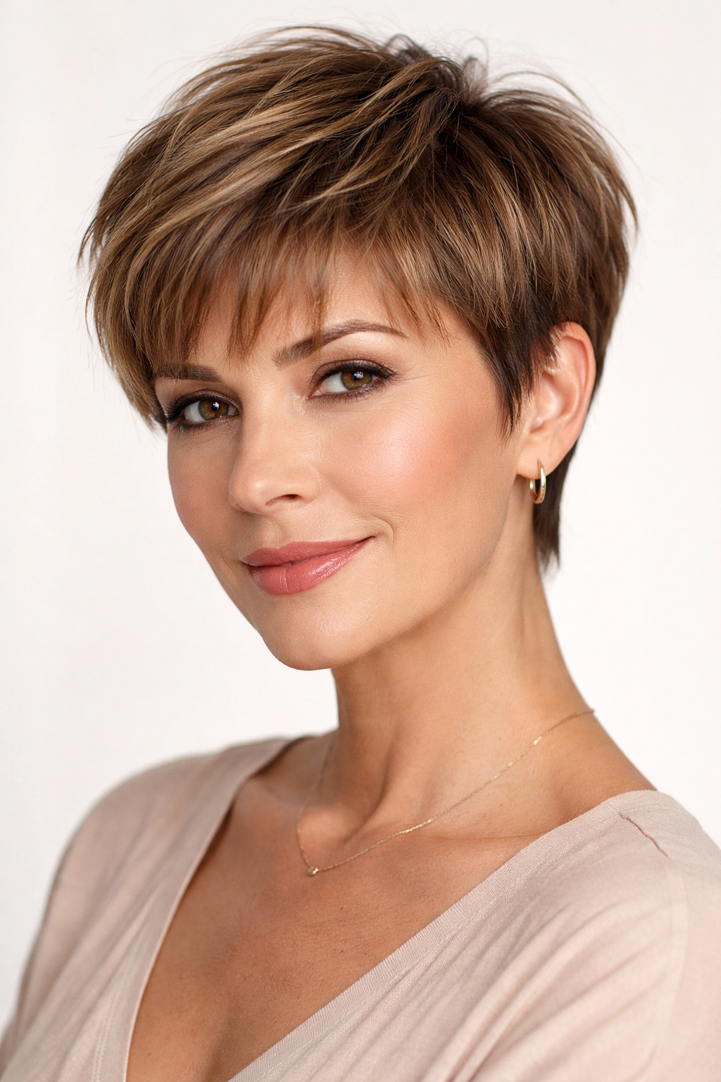 Tapered pixie with soft fringe on a model