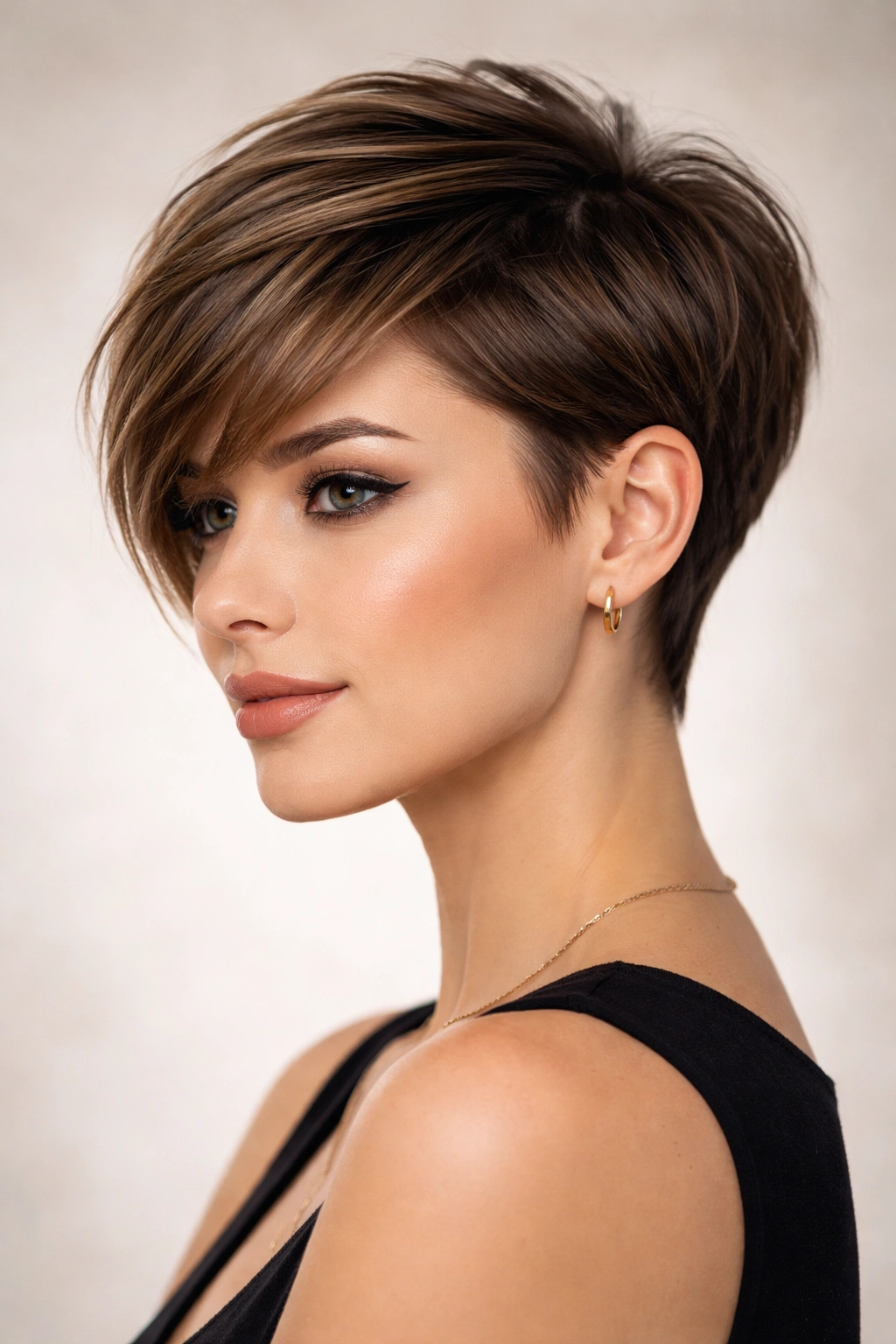 Portrait of a tapered pixie showing short back and sides and longer front for face framing