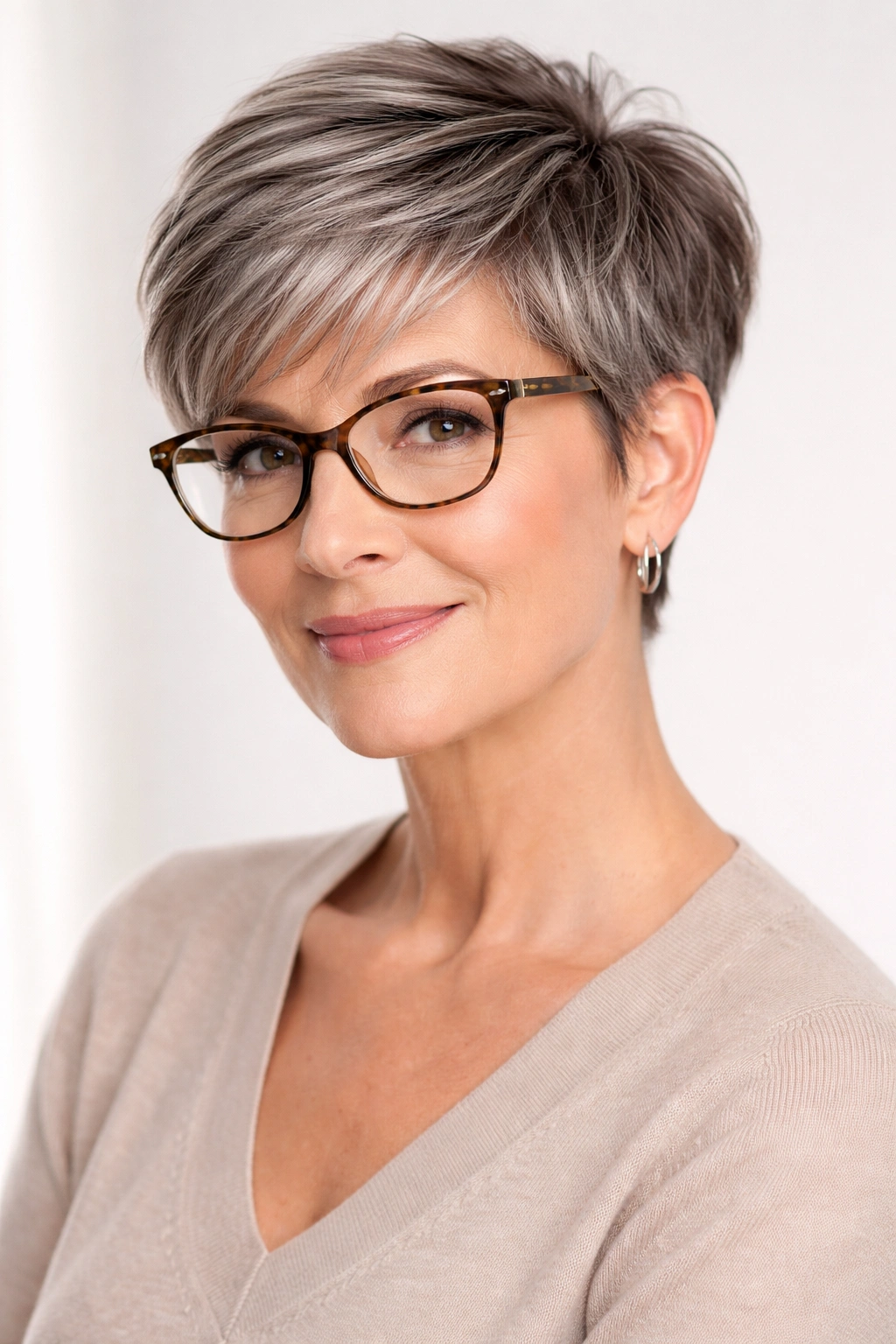 Portrait of a woman with a tapered pixie and glasses, showing a sleek silhouette.
