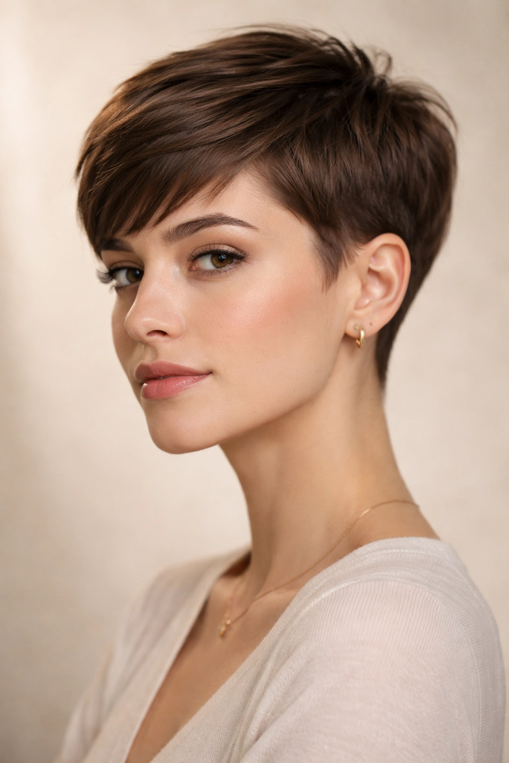 20 Short Pixie Haircuts That Practically Style 1 Close-up portrait of a person with a classic tapered pixie, 2-3 inch top and tapered sides in studio lighting