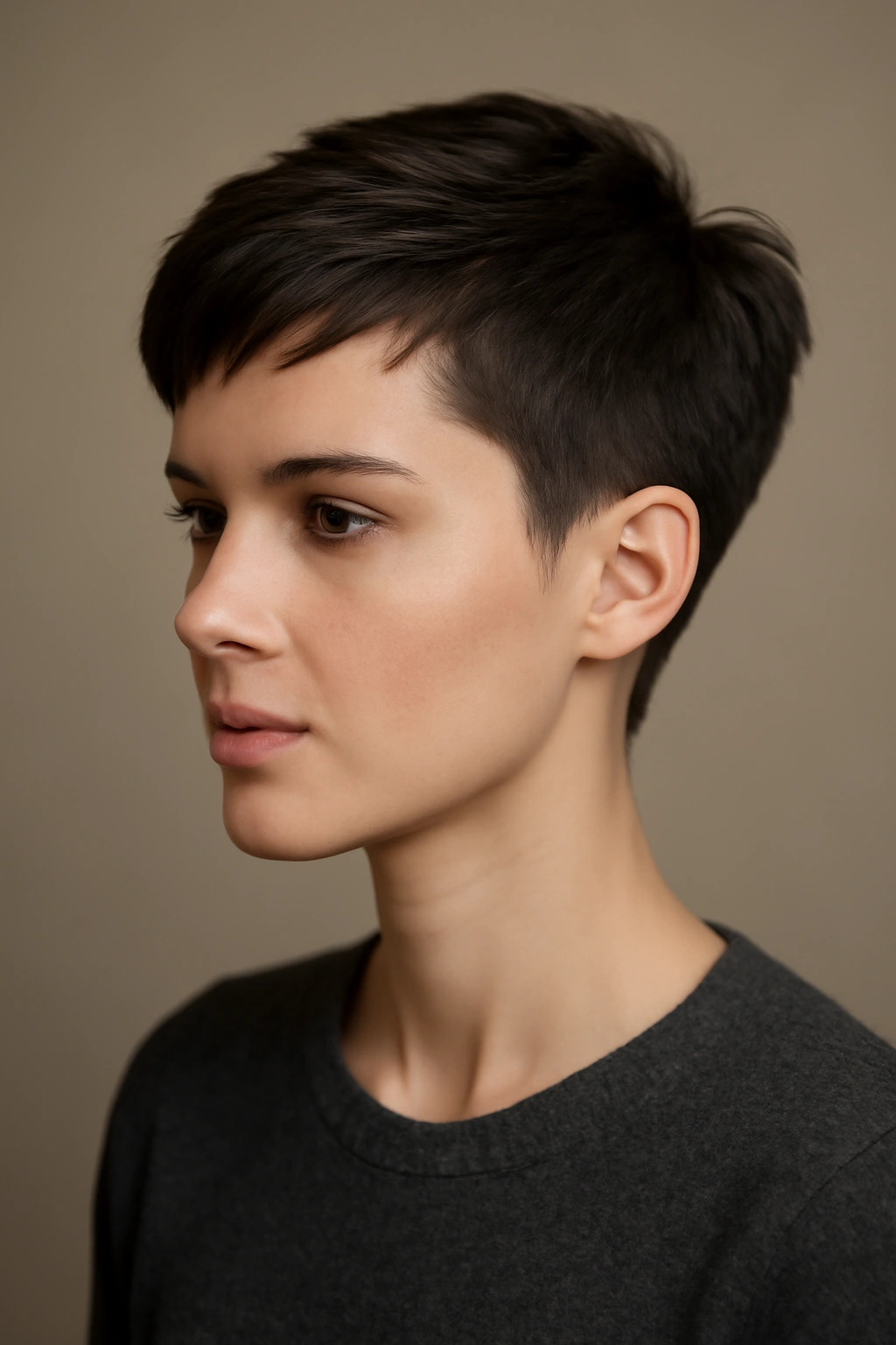 20 Pixie Styles Ranging From Classic To Edgy 6 Portrait of The Tapered Pixie with gradual length increase toward the top in studio lighting