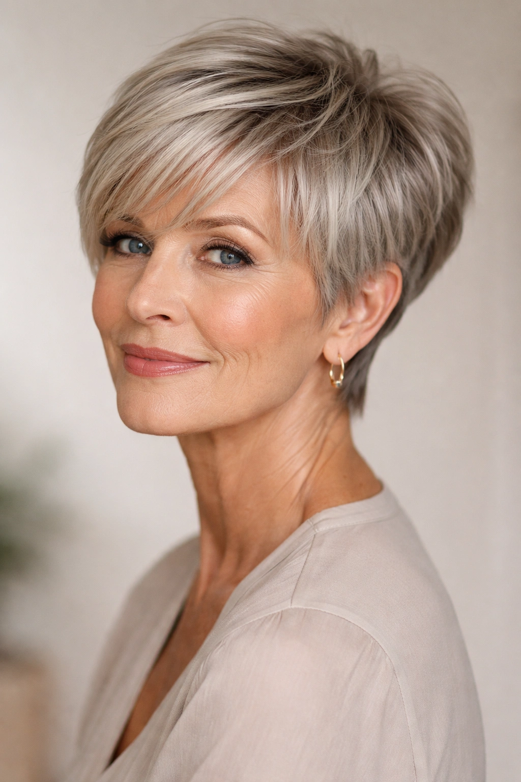 Tapered pixie with longer side-swept bangs on thick hair.