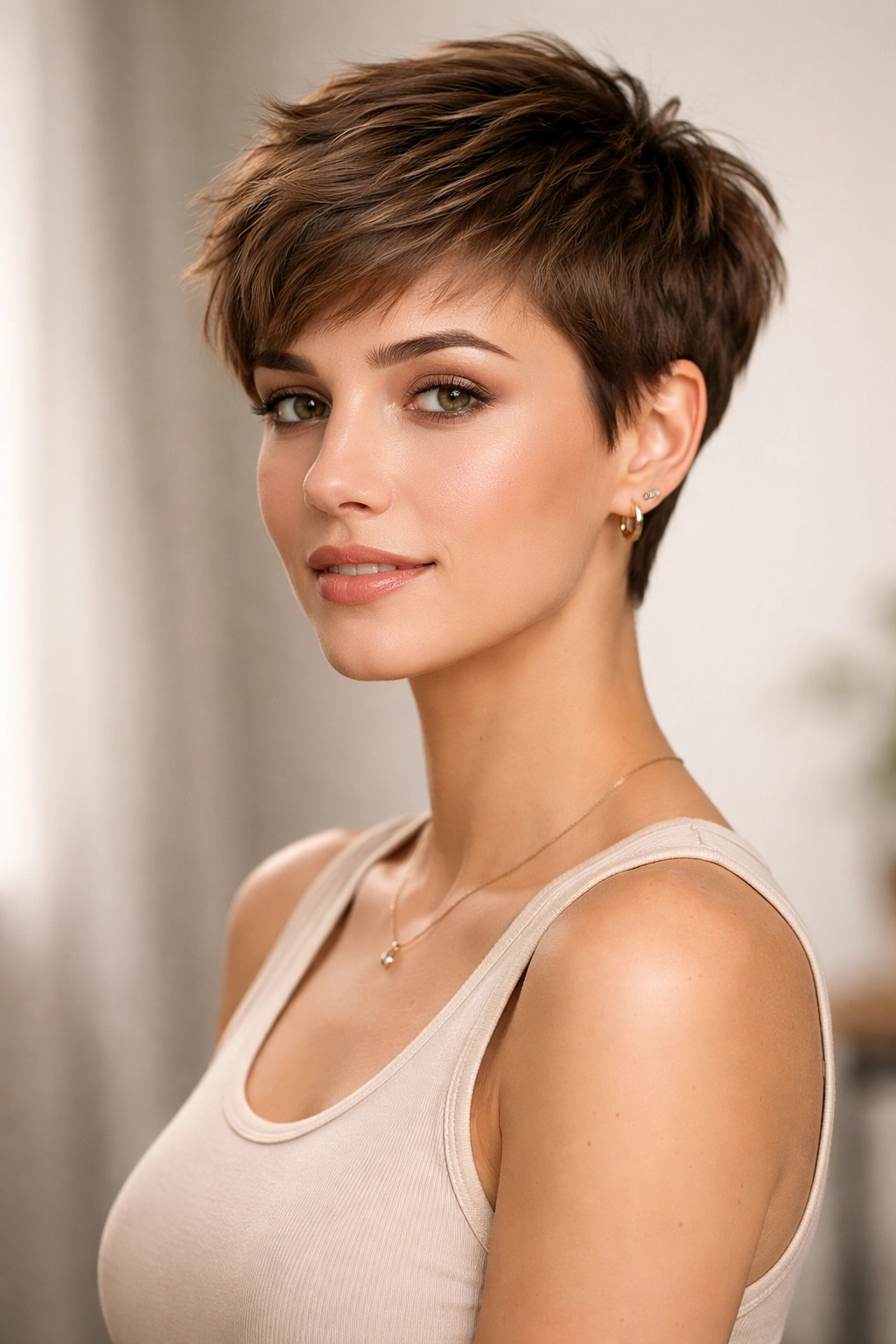 Portrait of a person with an oblong face wearing a tapered pixie with wide sides.