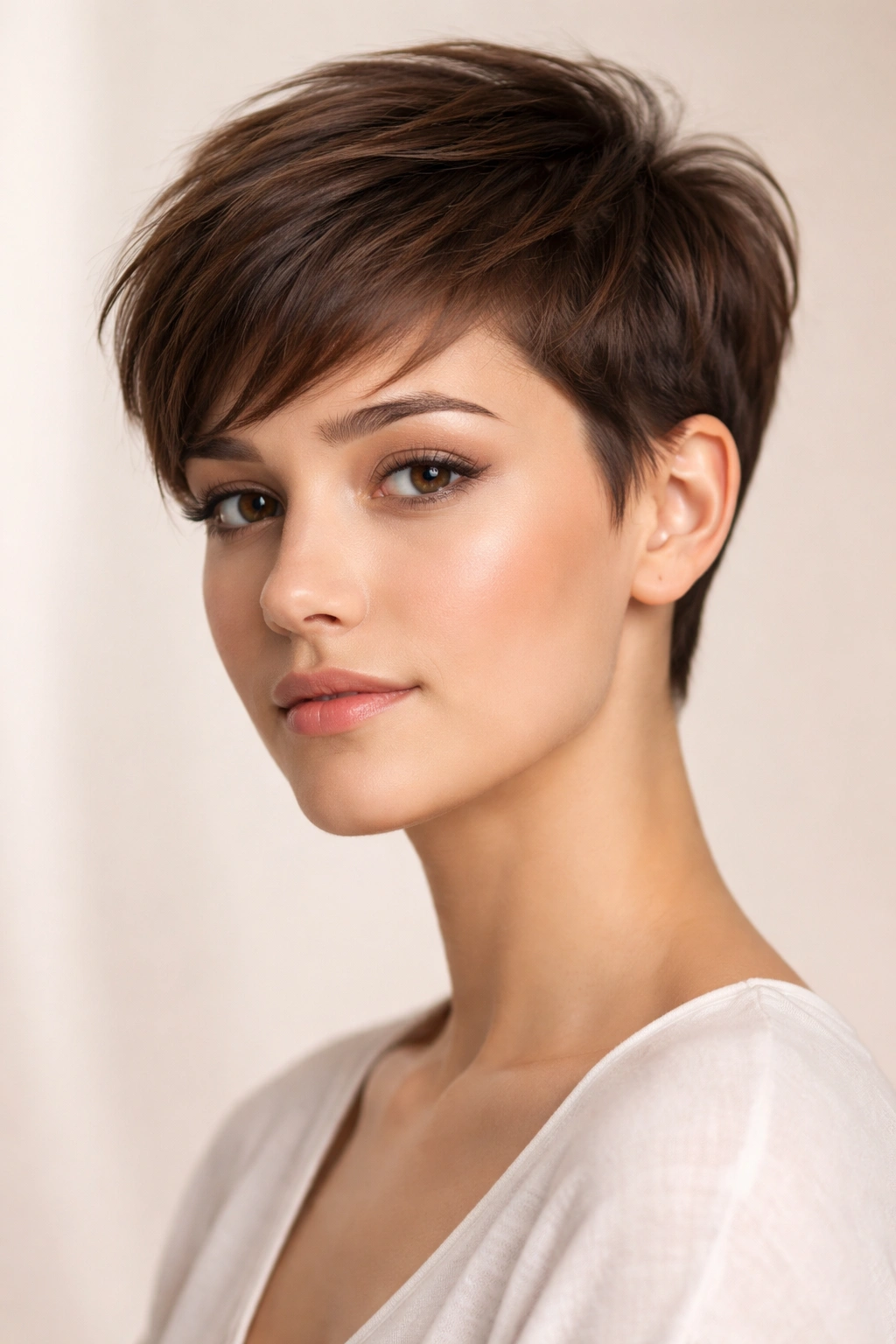 Close-up portrait of a young woman with an oval face wearing a tapered pixie in studio lighting