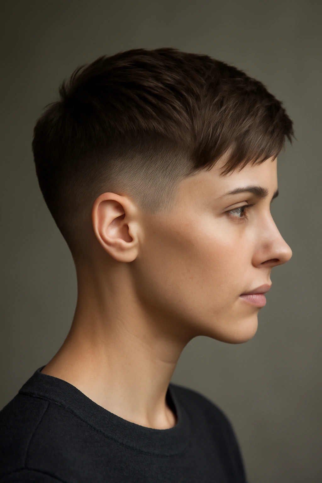 Portrait highlighting a tapered pixie with short back and longer front