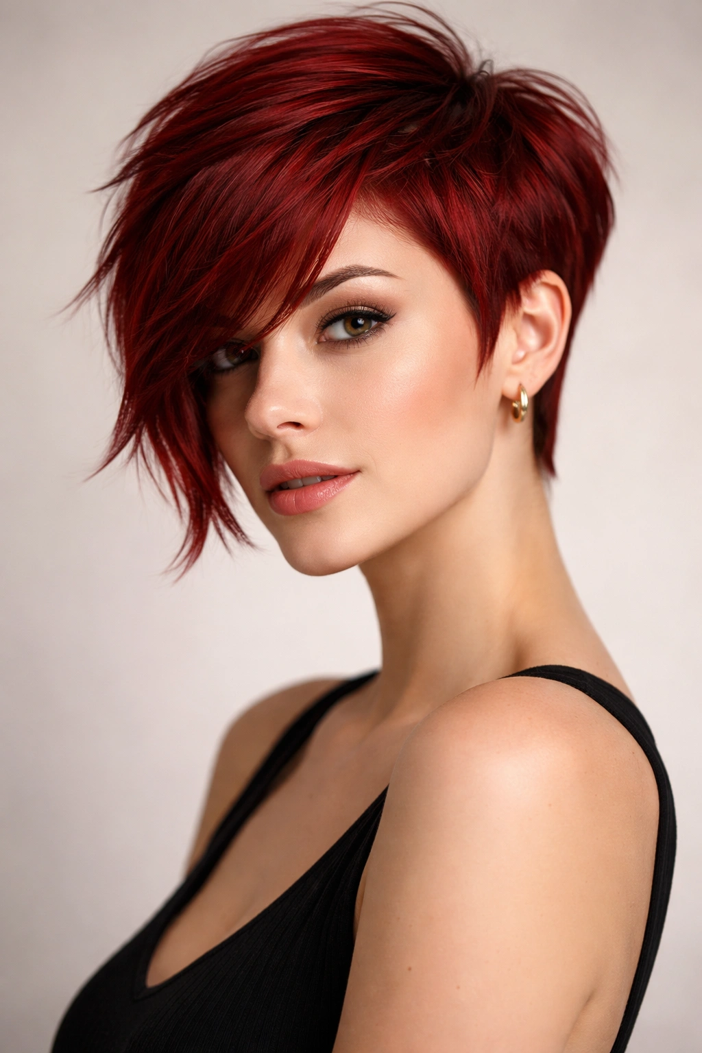 Close-up portrait of red hair in the tapered pixie with longer front pieces, highlighting face-framing length.