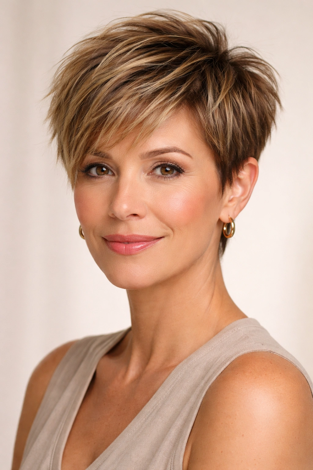Close-up of a woman with a tapered pixie cut featuring longer top layers and tapered sides.
