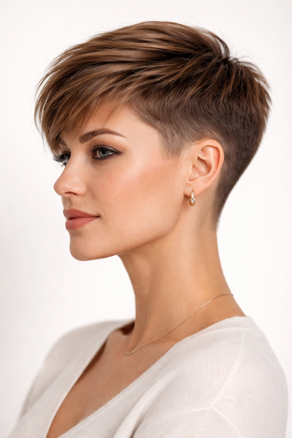 Profile portrait of a woman with a tapered pixie showing gradual side and back fade.