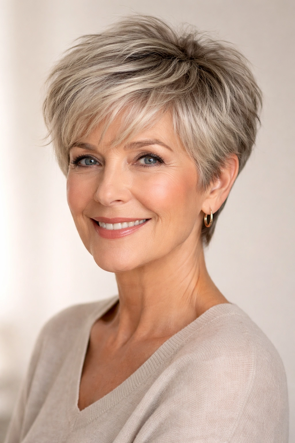Tapered pixie with soft texture showing voluminous top and tapered sides