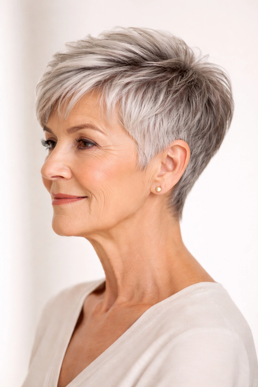 Tapered pixie with textured top showing volume on mature woman in a clean studio.