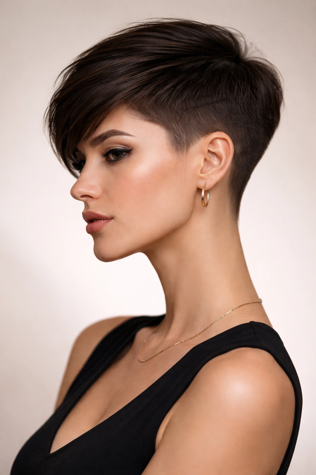 20 Short Pixie Haircuts That Practically Style 17 Portrait of a person with an elegant tapered pixie and long undercut, high-contrast silhouette