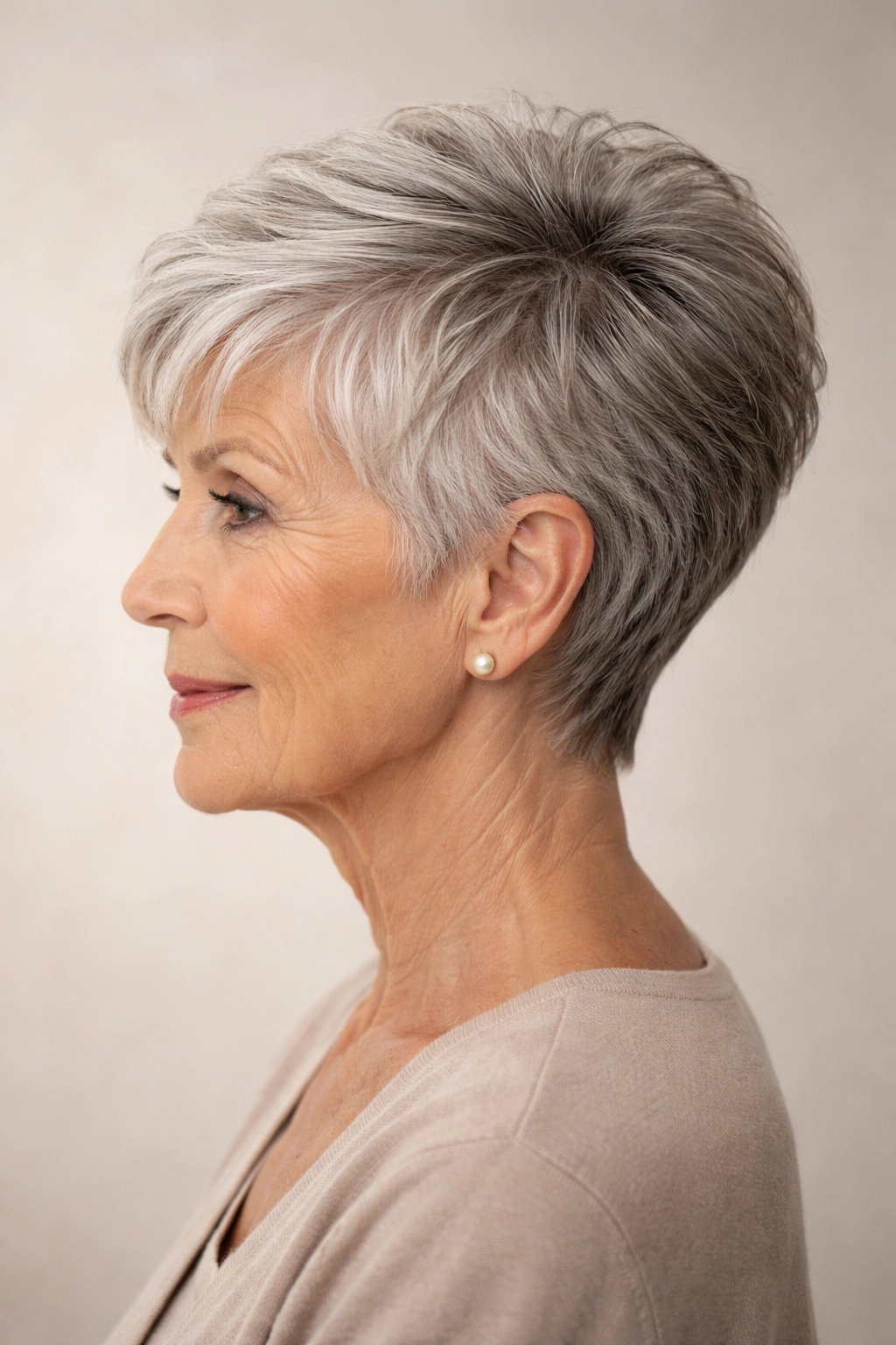 Tapered pixie hairstyle with short sides and longer crown for volume