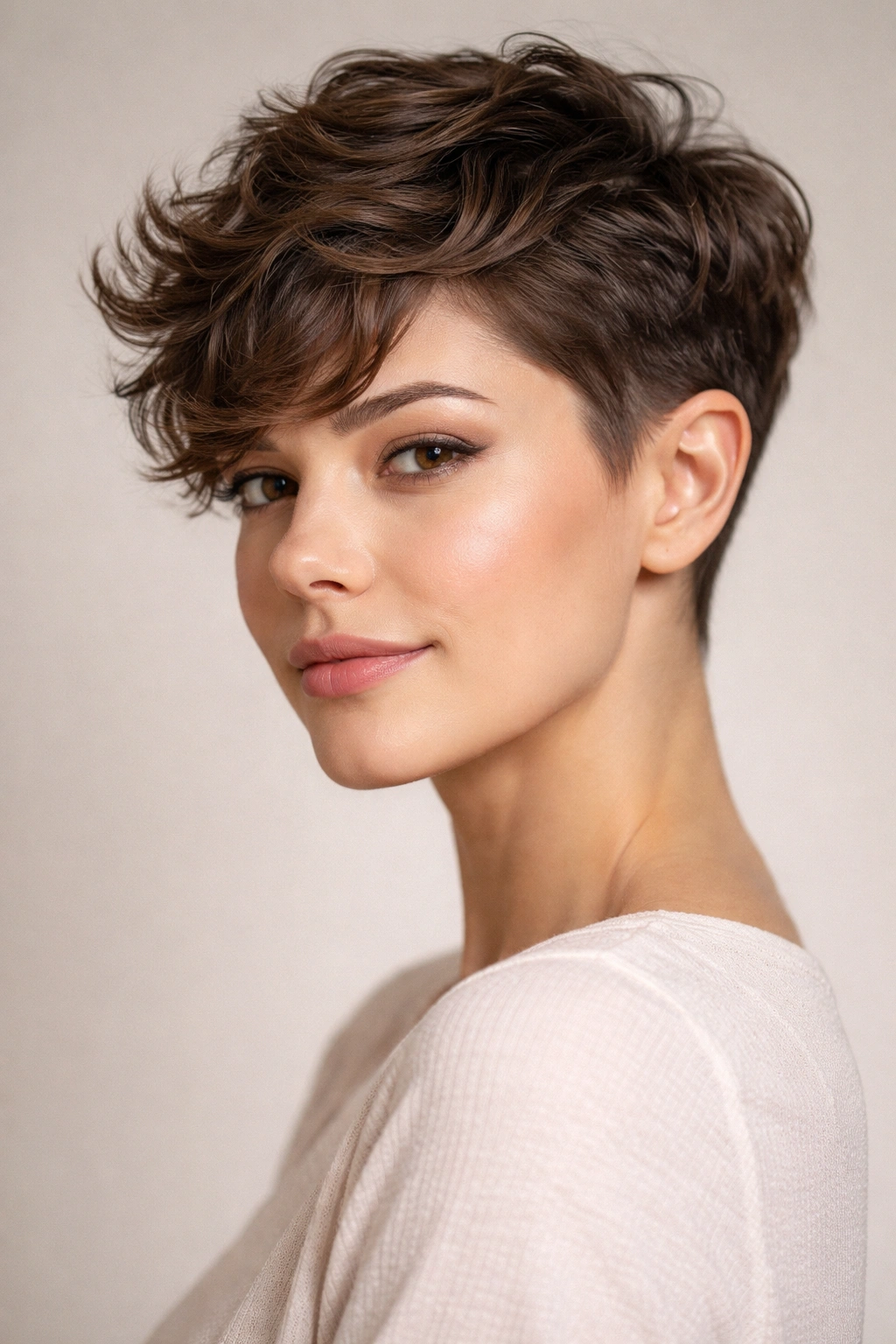Portrait of a wavy pixie with softly tapered sides and visible top waves.