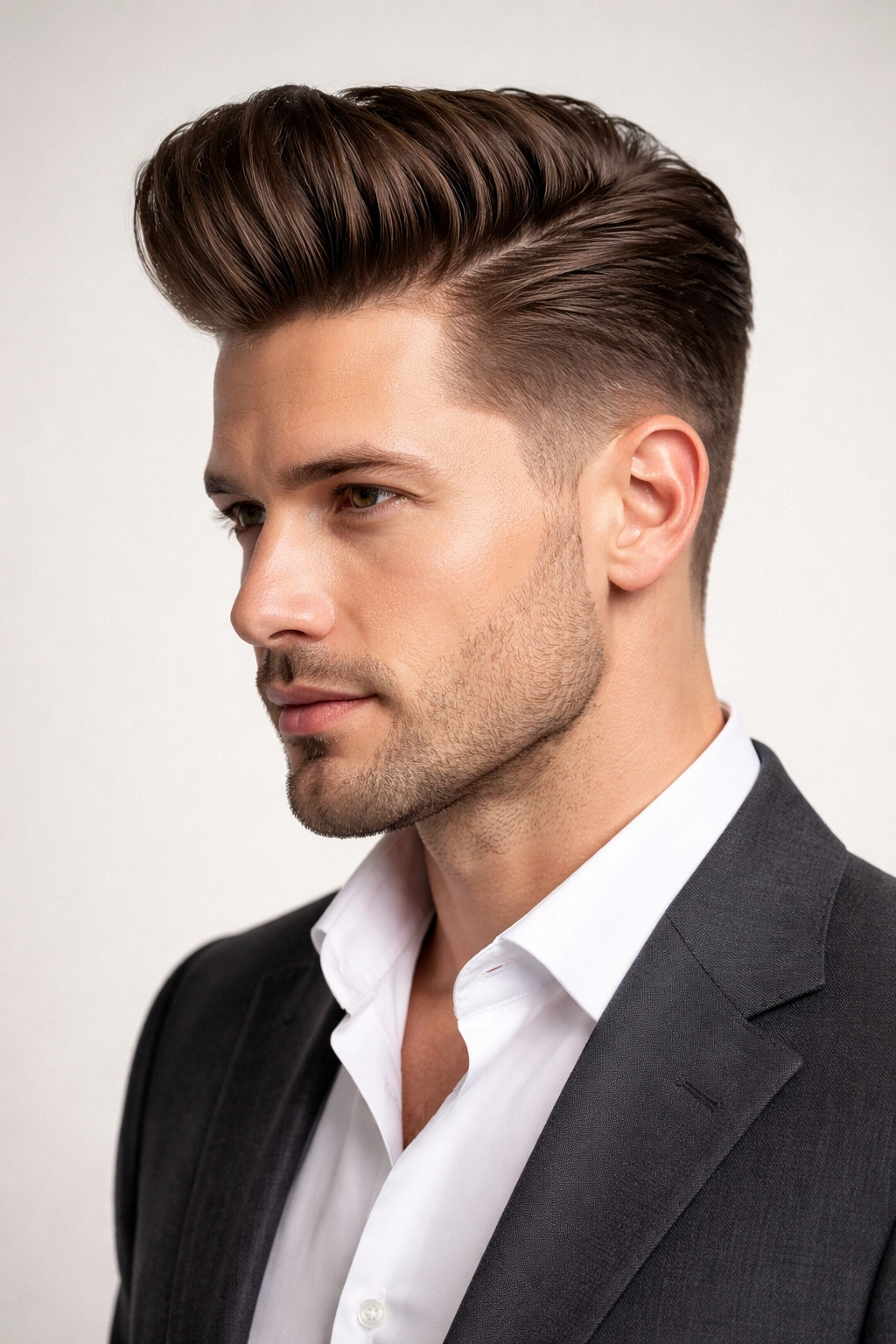 Portrait of a man with a tapered pompadour, full top and softly tapered sides.