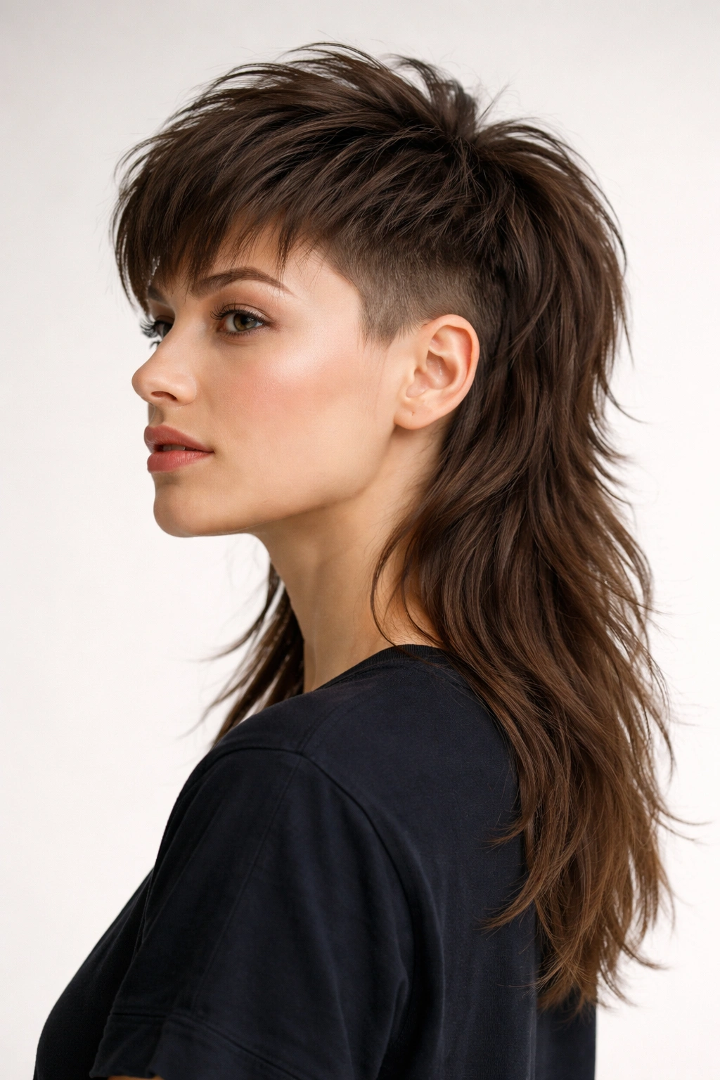 Portrait of a person with tapered side-fade mullet showing fade lines and long back