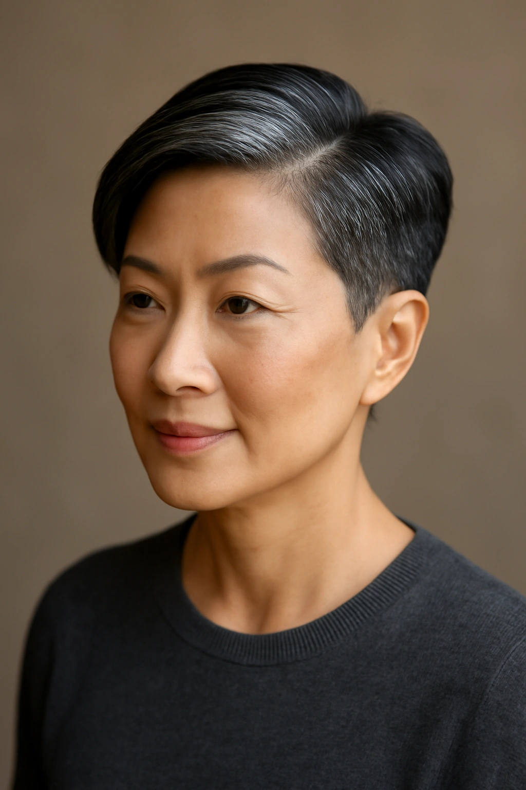 10 Short Haircuts for Asian Women Over 50 to Try 8 Portrait of a woman with a sharp side part and tapered sides, conveying a polished look.