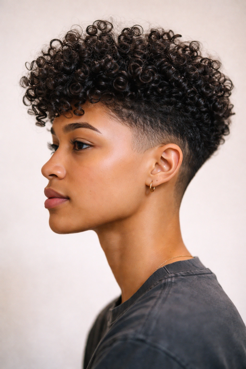 12 Short Haircuts For Type 3 Curly Hair To Try 9 Profile view of tapered sides with a fuller curly crown on type 3 curls