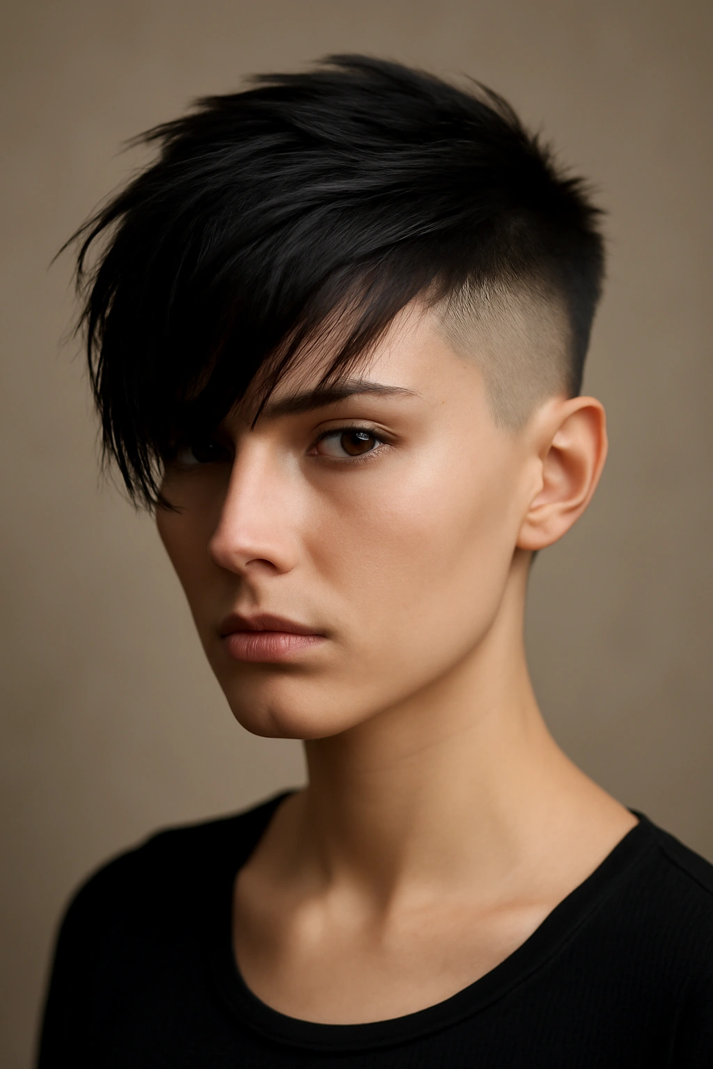 12 Edgy Short Haircuts for Women Who Love Bold Hair 7 Close-up of The Tapered Sides with Long Fringe hairstyle with ultra-short sides and long fringe across the forehead