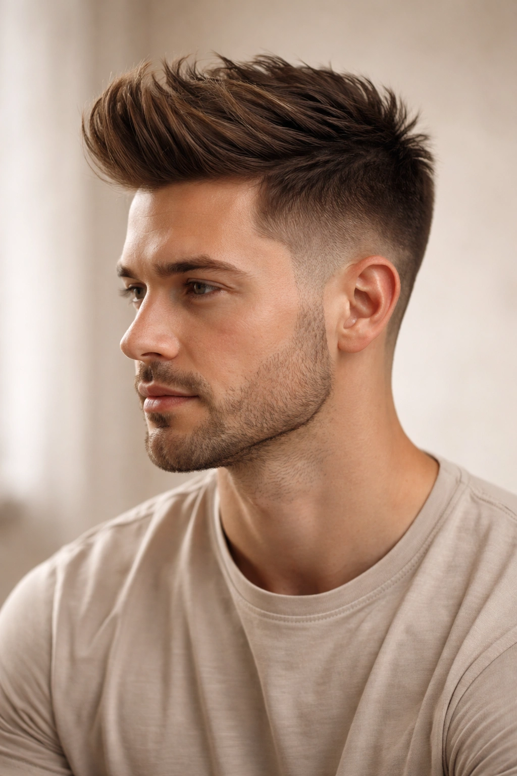 Side view shows long top with tapered sides for a modern, voluminous look.