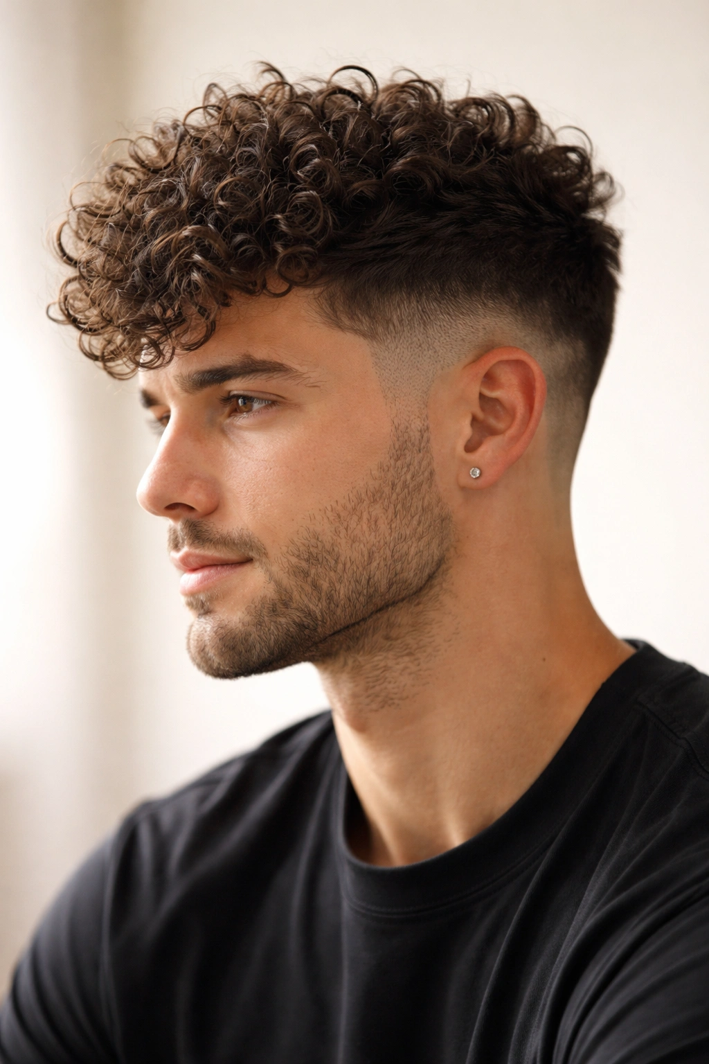 12 Haircuts For Men With Naturally Curly Hair 12 Portrait of a man with tapered sides and a large voluminous top.