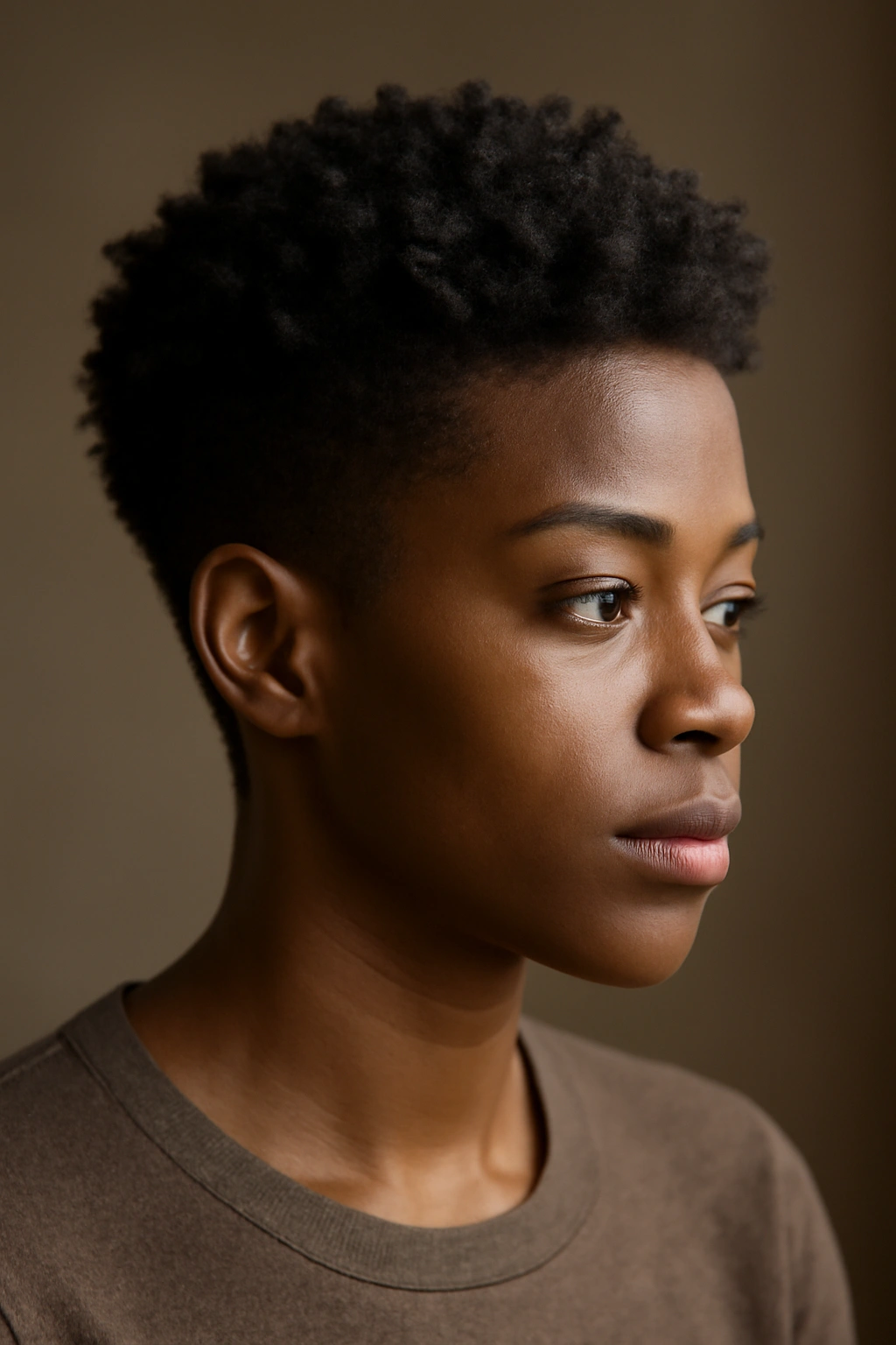 12 Short 4C Hairstyles That Look Effortlessly Good 2 Portrait of a person with a tapered TWA showing defined coils on top