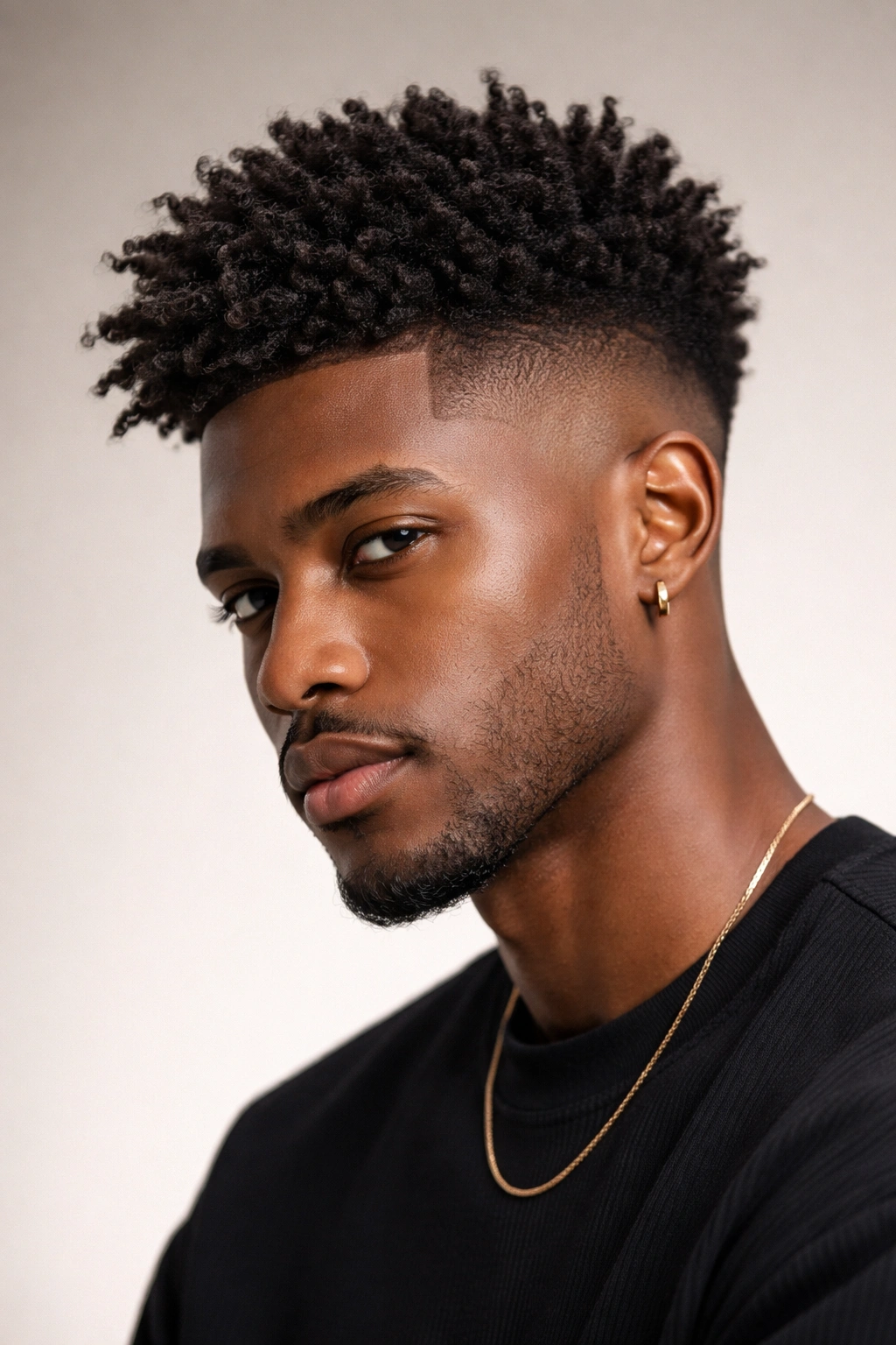 Front-facing portrait showing tapered undercut with coils on top