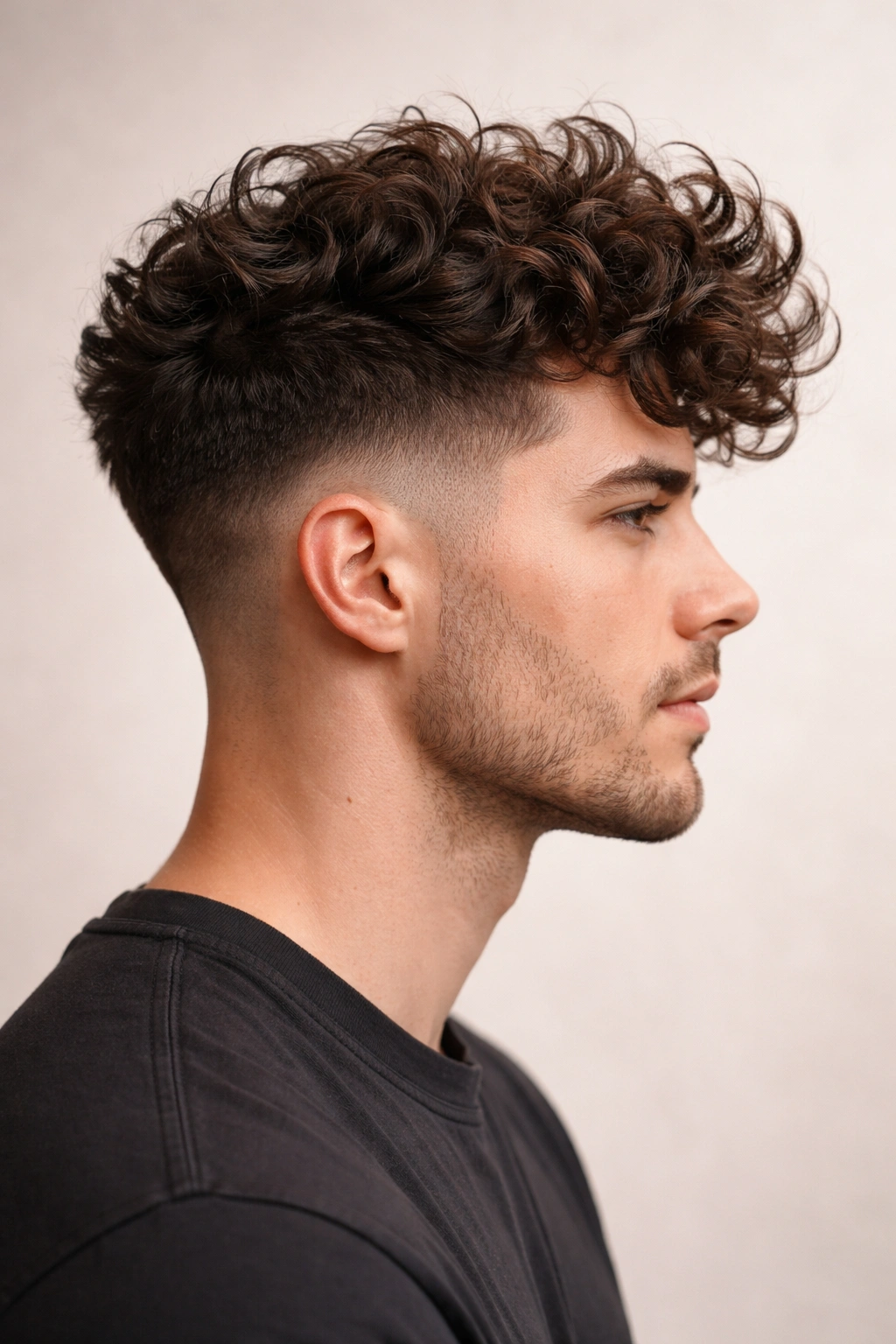 Profile shot showing a tapered undercut with a voluminous curly crown on top.