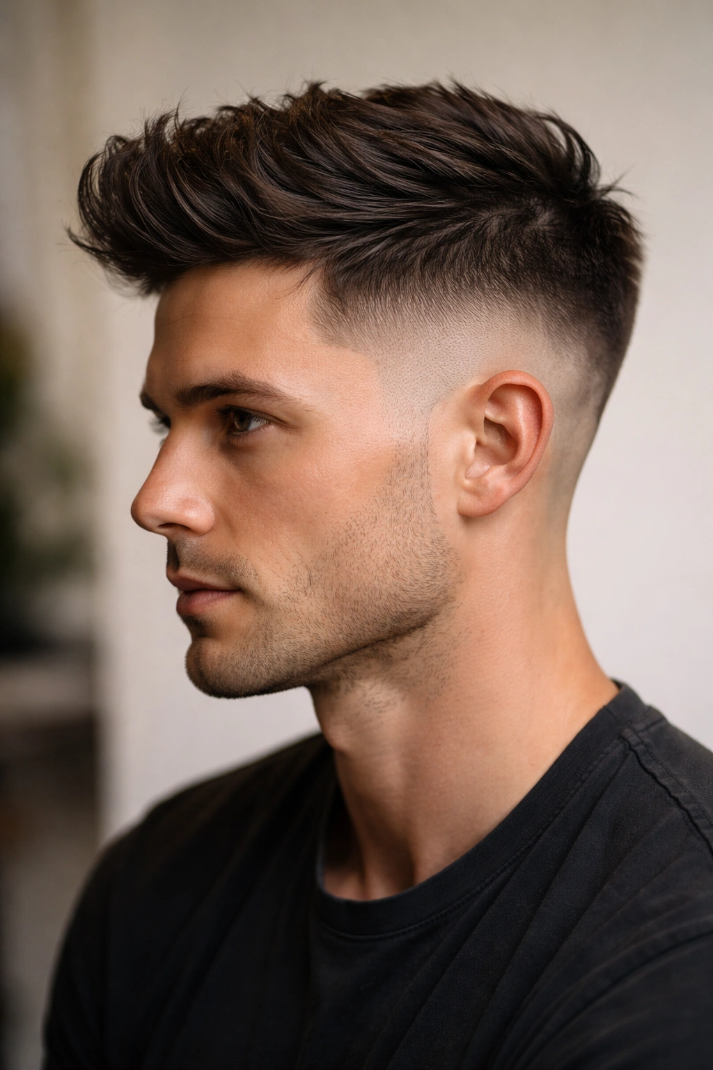15 Short Low Maintenance Cuts For A Busy Life 11 Profile view of The Tapered Undercut showing fade on the sides and longer top in studio