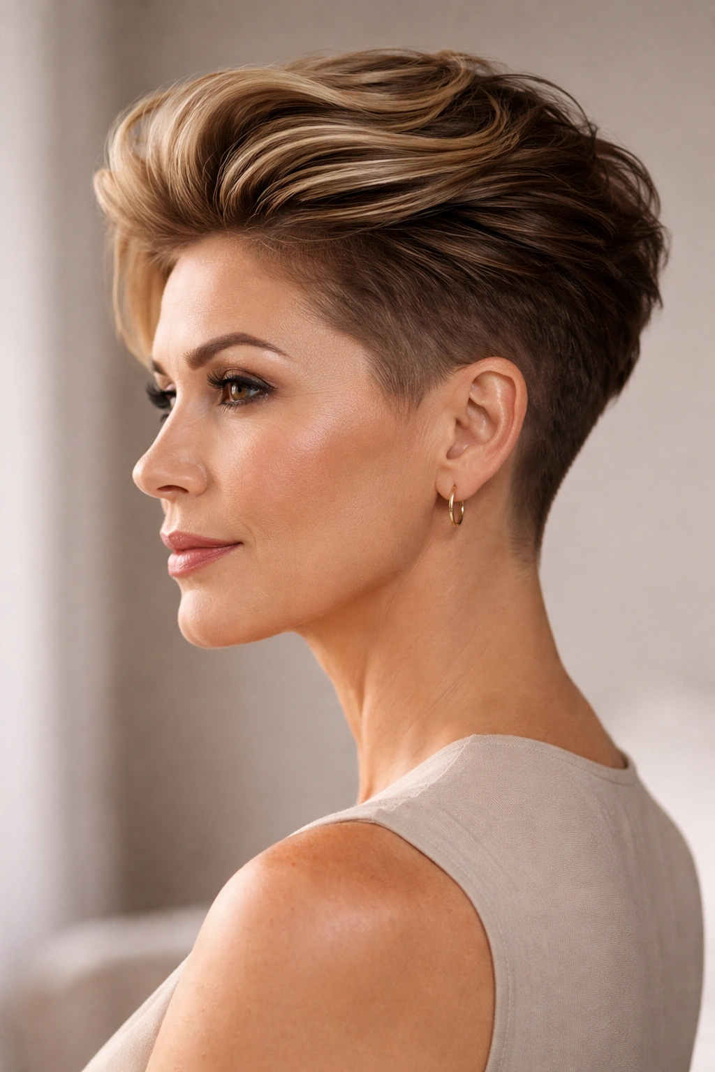 Tapered undercut hairstyle with longer top and tapered sides on a mature woman