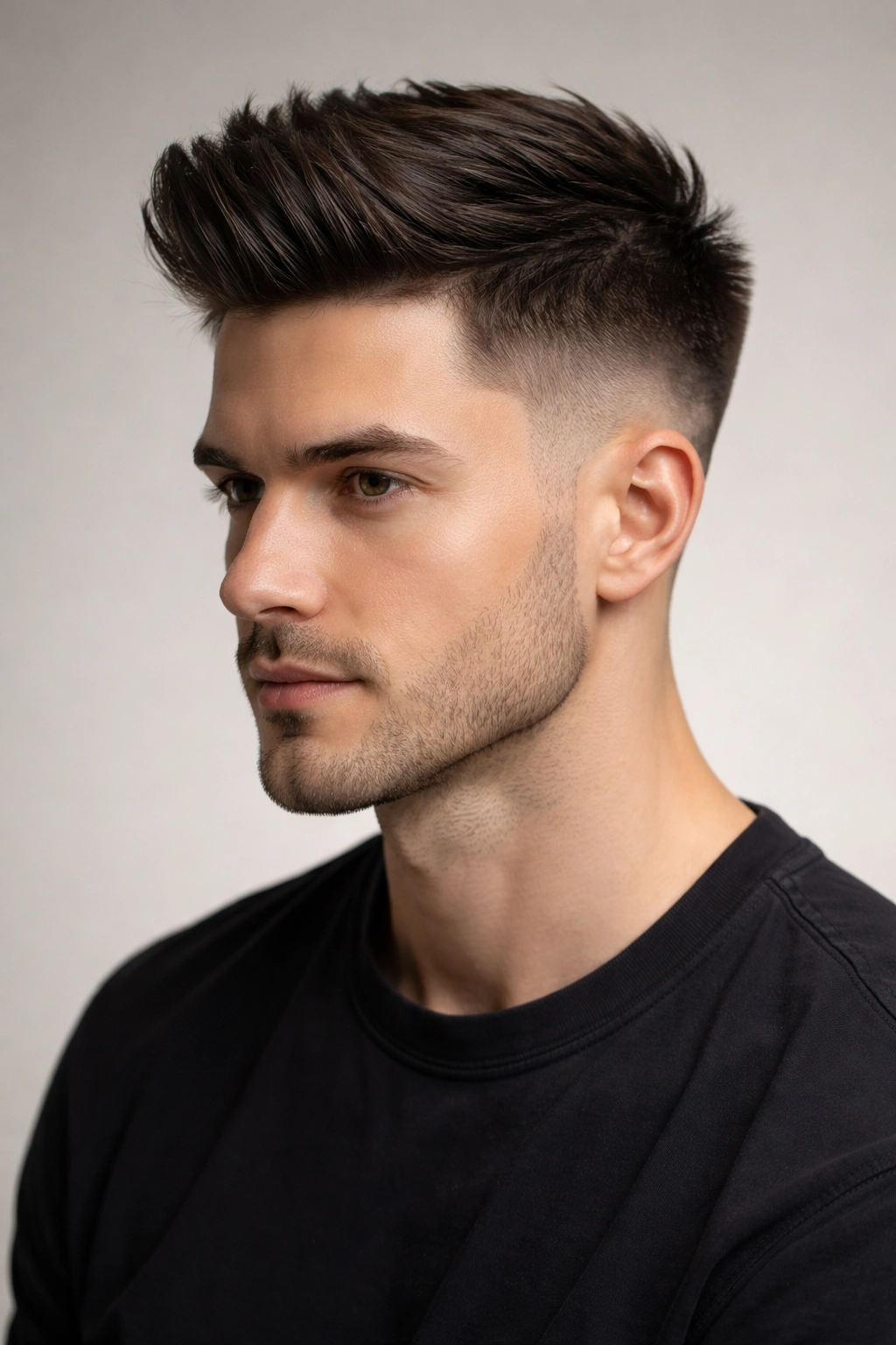 Profile view of a tapered undercut showing long top and shaved sides