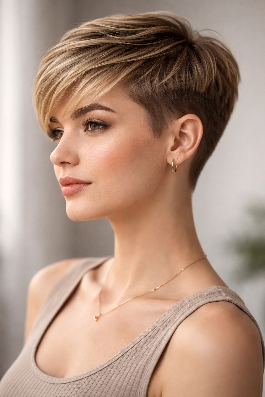 Three-quarter view of a tapered undercut pixie with a subtle, gradual taper and fuller top