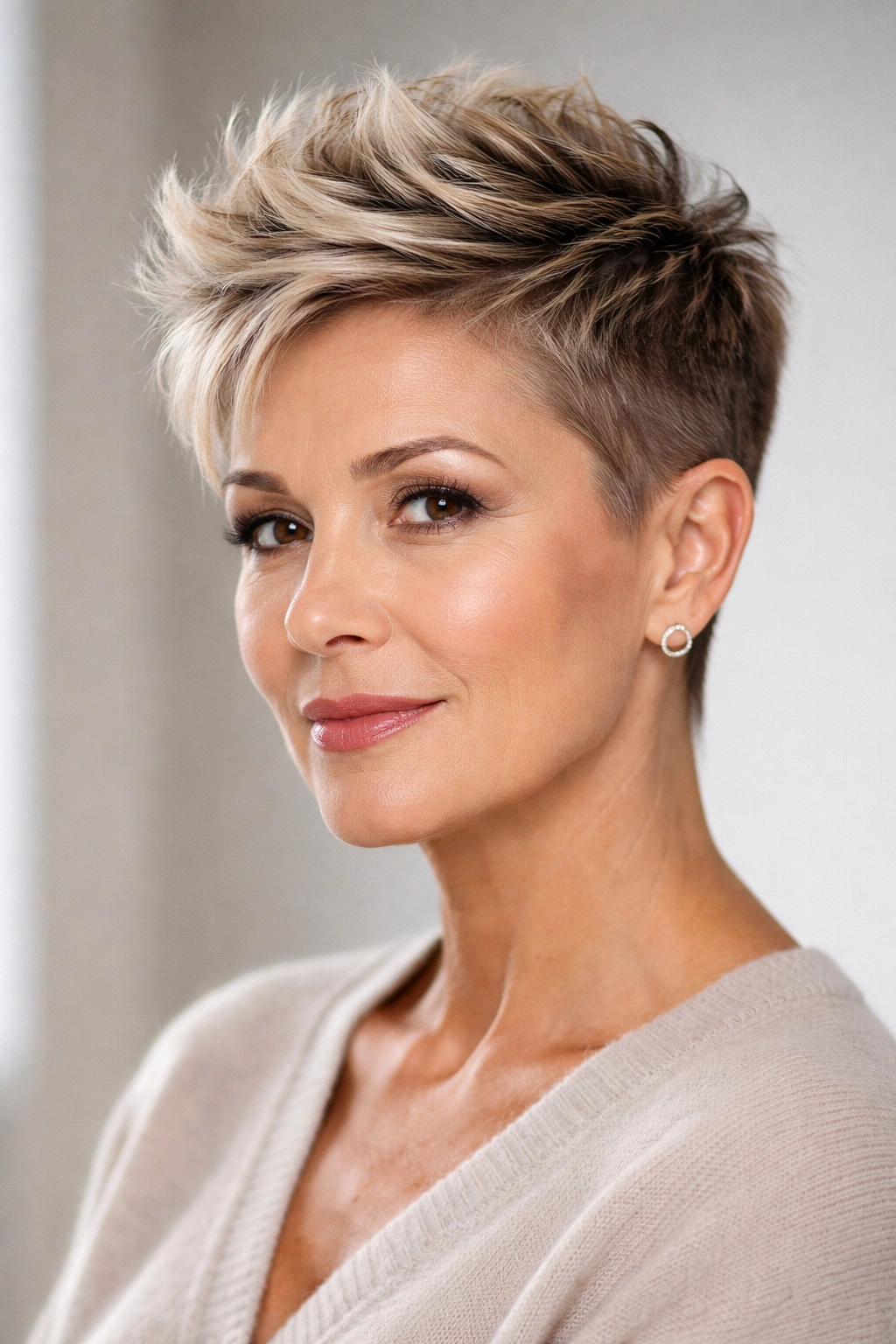 Close-up of tapered undercut with textured top on round-faced individual.