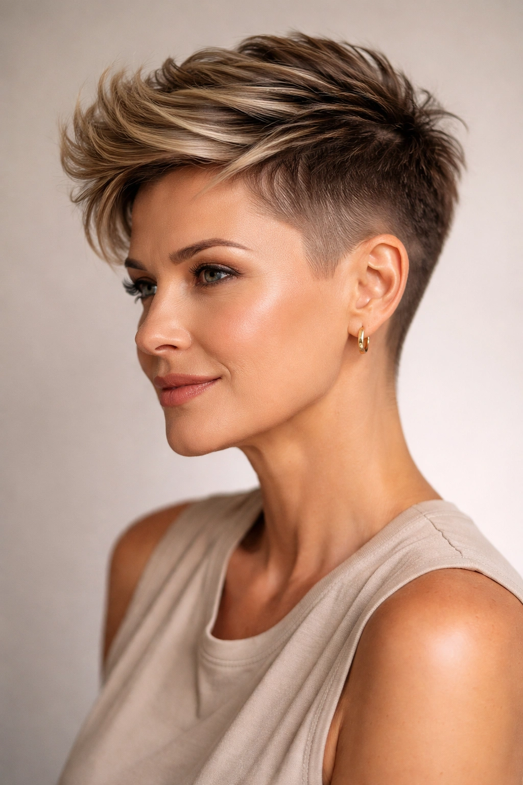 15 Short Haircuts For Women In Their 40s And 50s 7 Close-up of a woman with a tapered undercut and longer top, studio lighting.