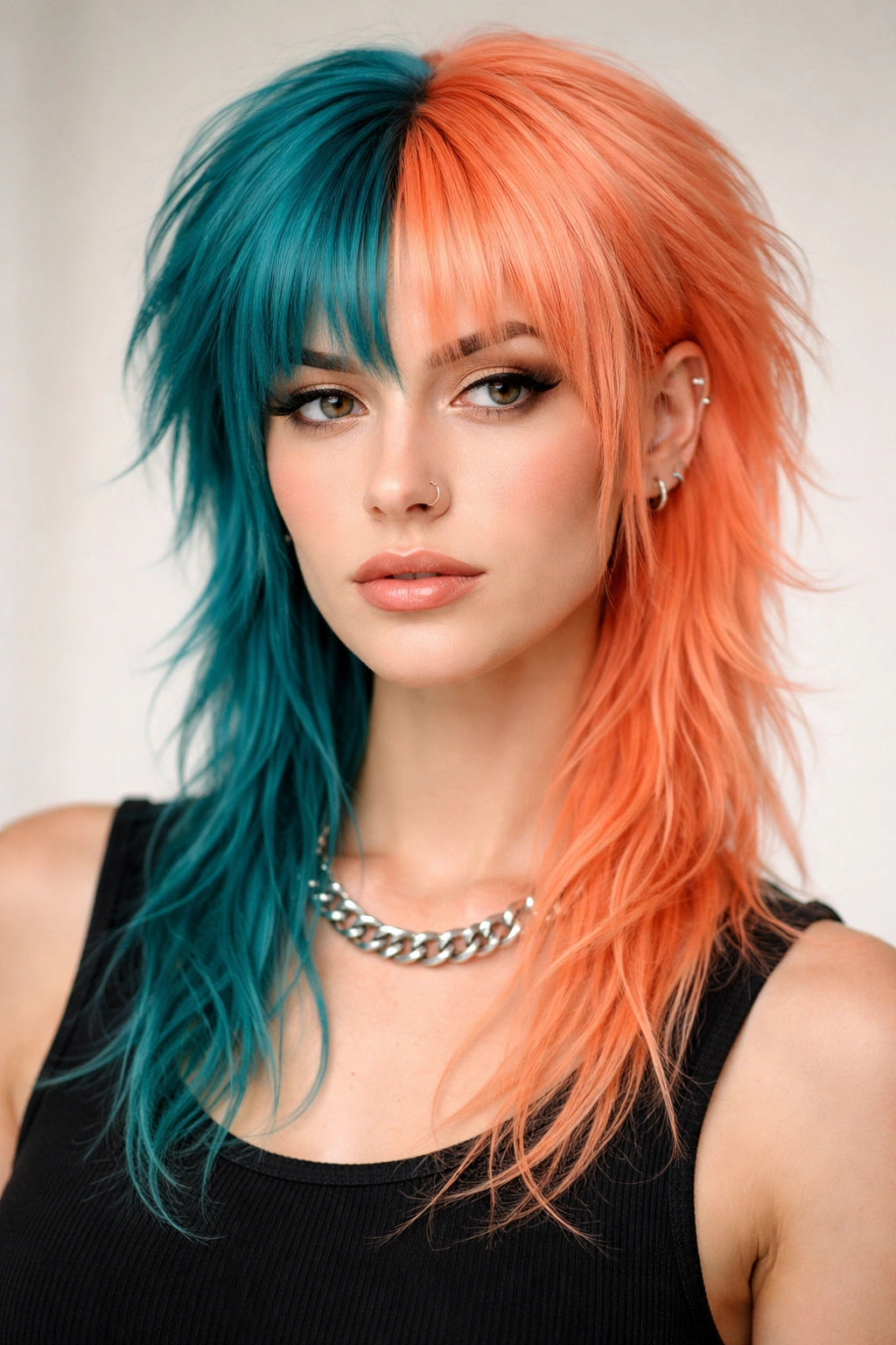12 Colorful Mullet Haircuts To Inspire Your Next Cut 3 Teal and peach color-blocked mullet with sharp color separation