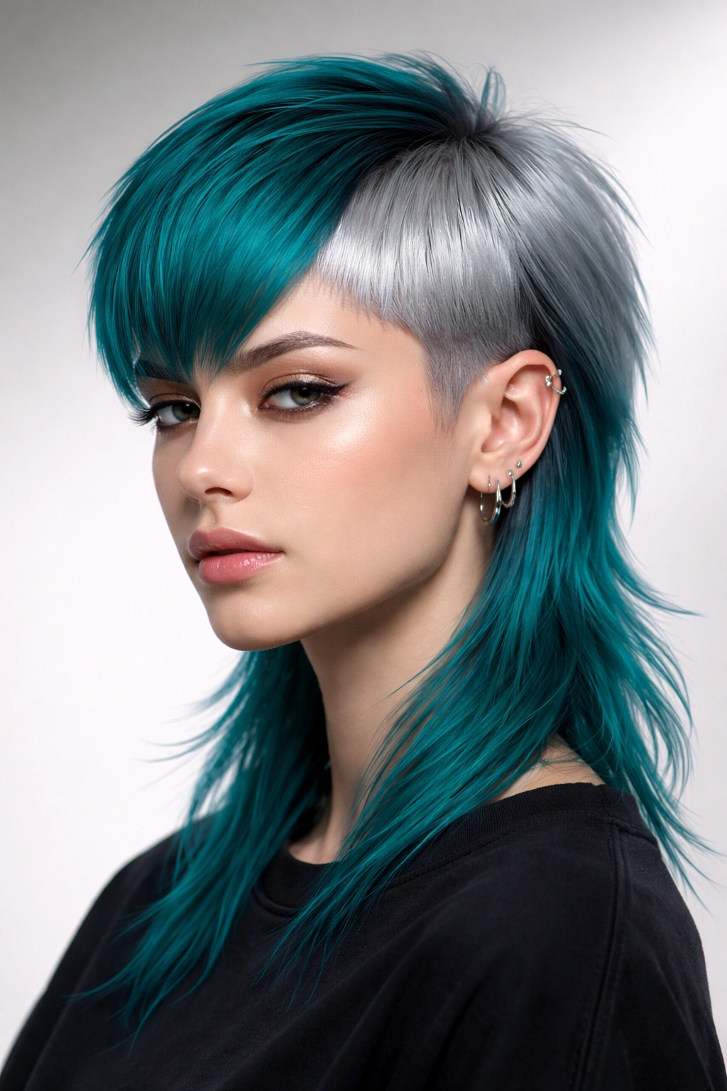 Teal and silver color-block mullet in studio portrait
