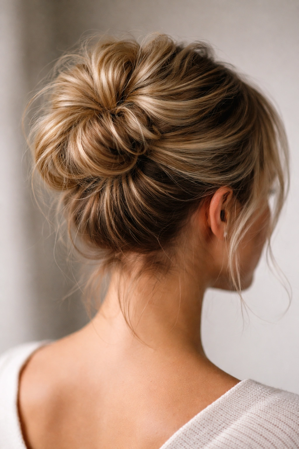 Close-up of a teased bun on short hair with voluminous texture