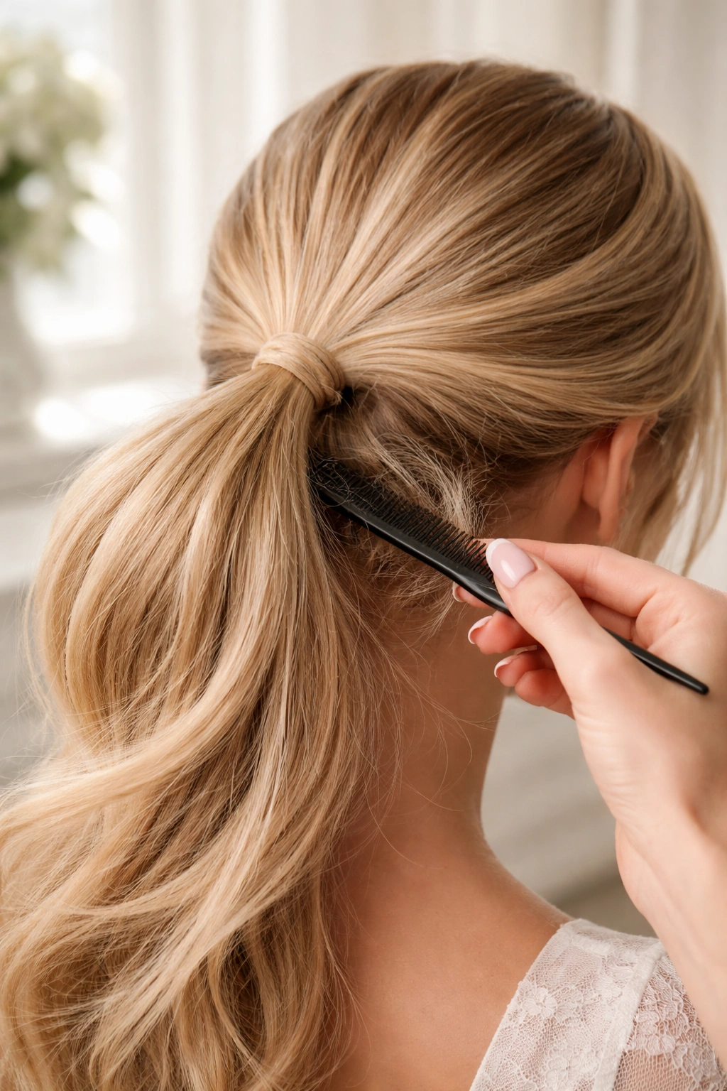 Hand backcombing the underside of a ponytail to add texture.