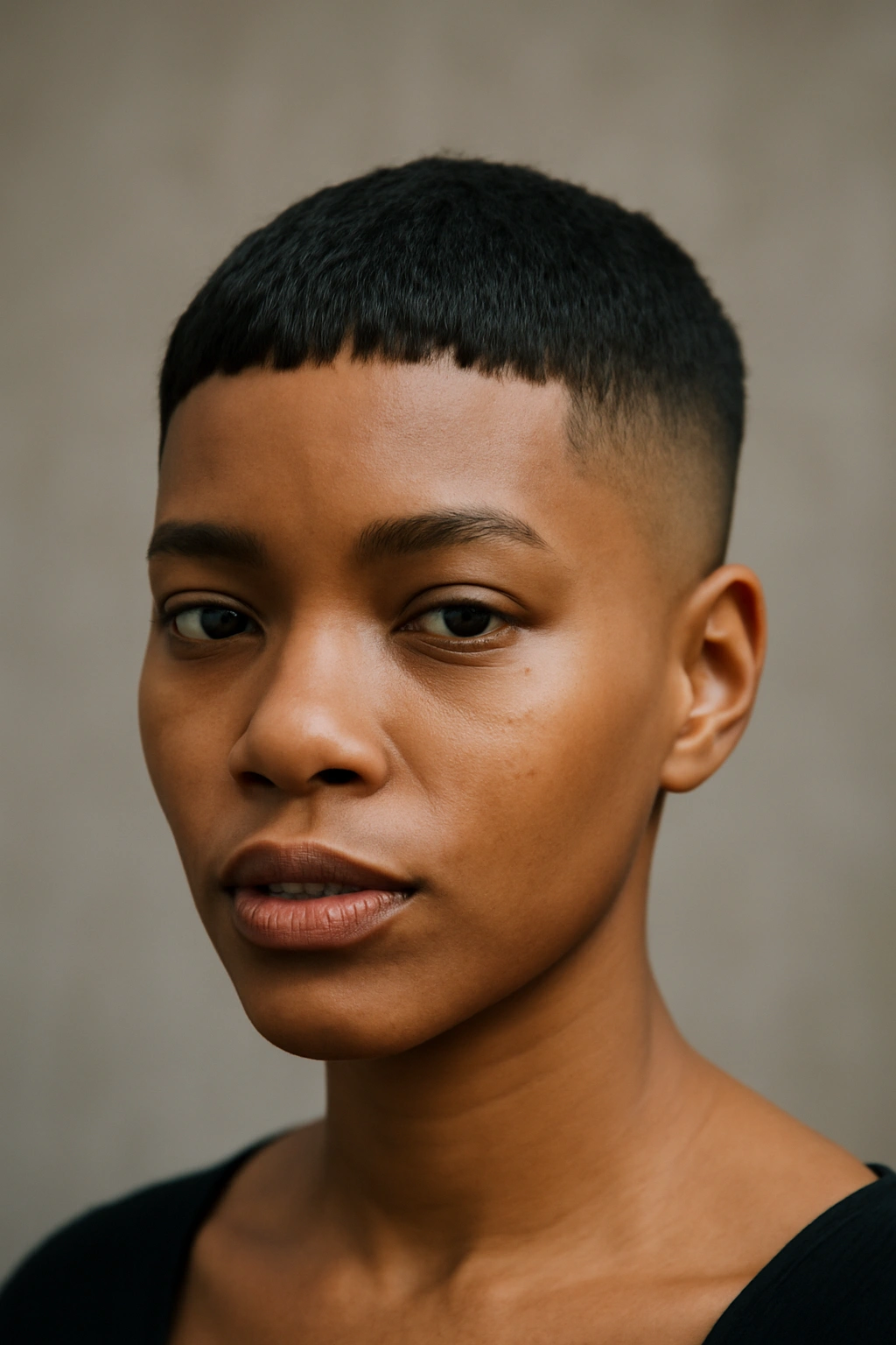 30 Short Haircuts for Black Women 12 Portrait of a Black woman with teeny fringe and faded sides