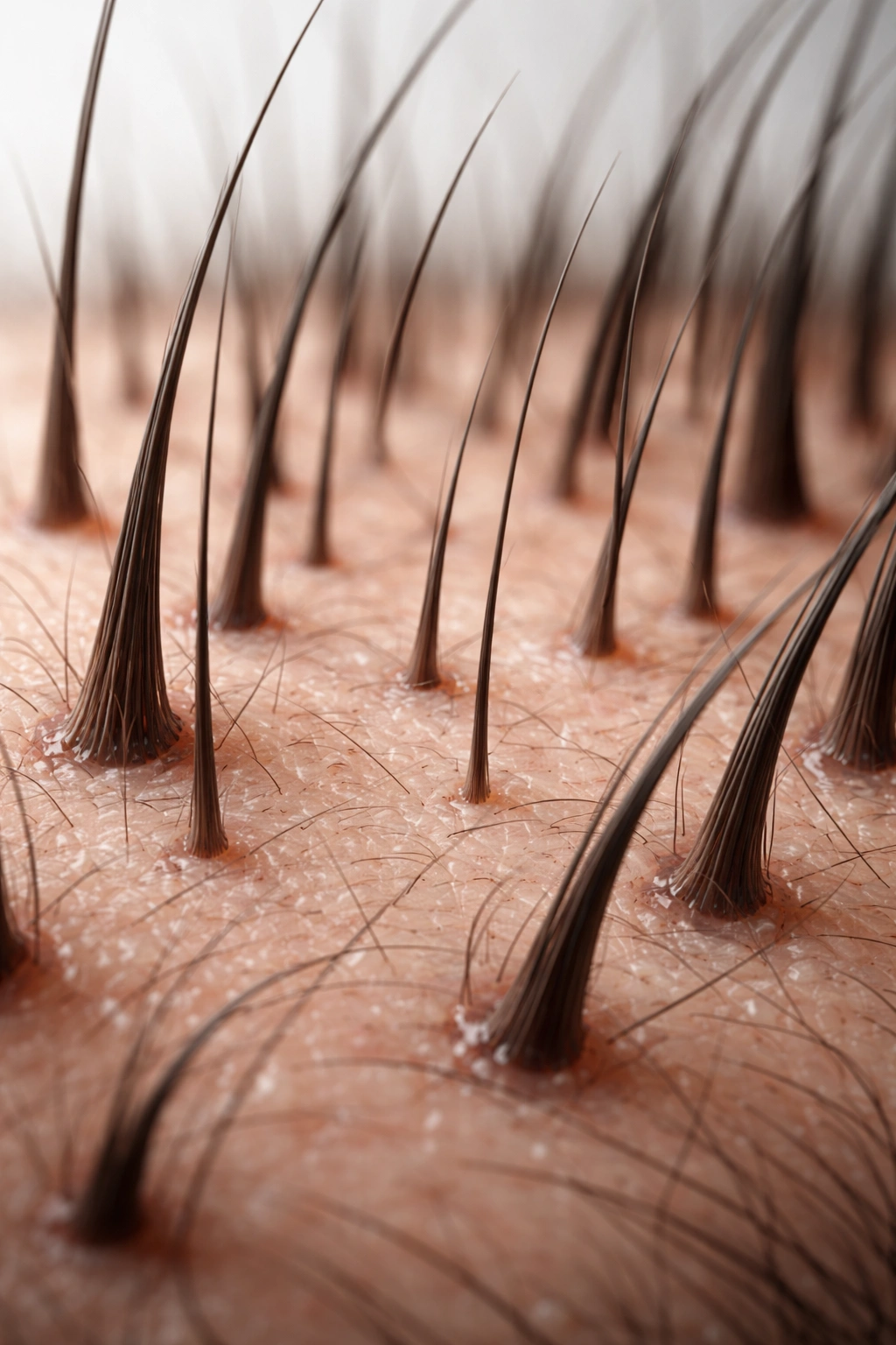 Macro close-up of scalp with varied hair lengths indicating telogen effluvium