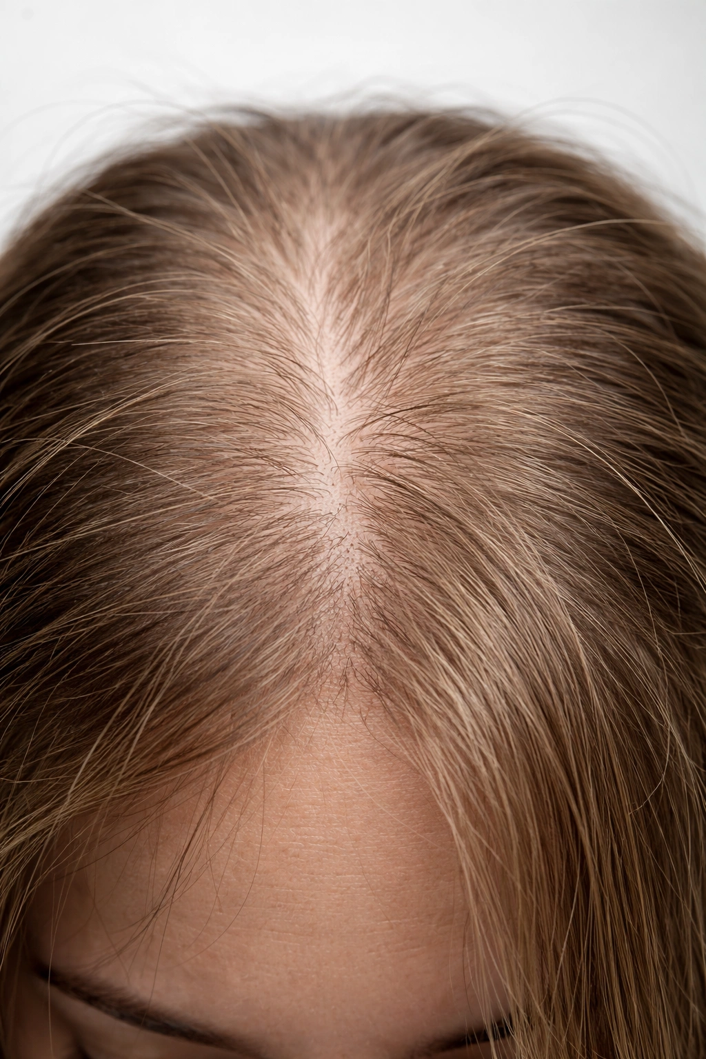 Close-up scalp with diffuse thinning indicating telogen effluvium