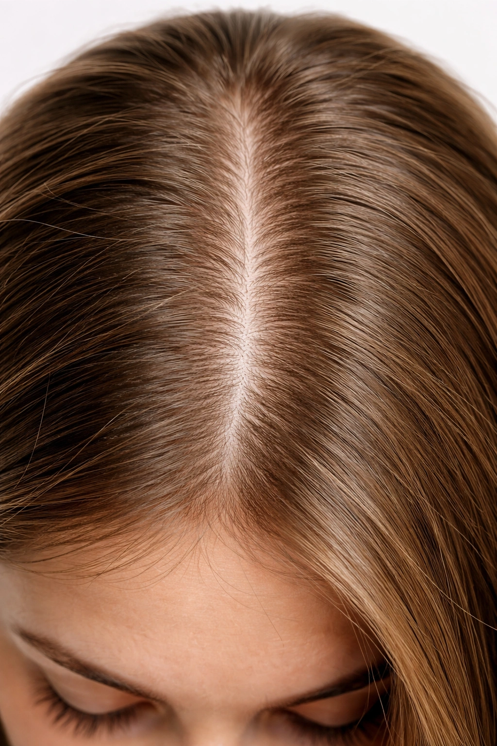 Close-up scalp with diffuse thinning and increased scalp visibility