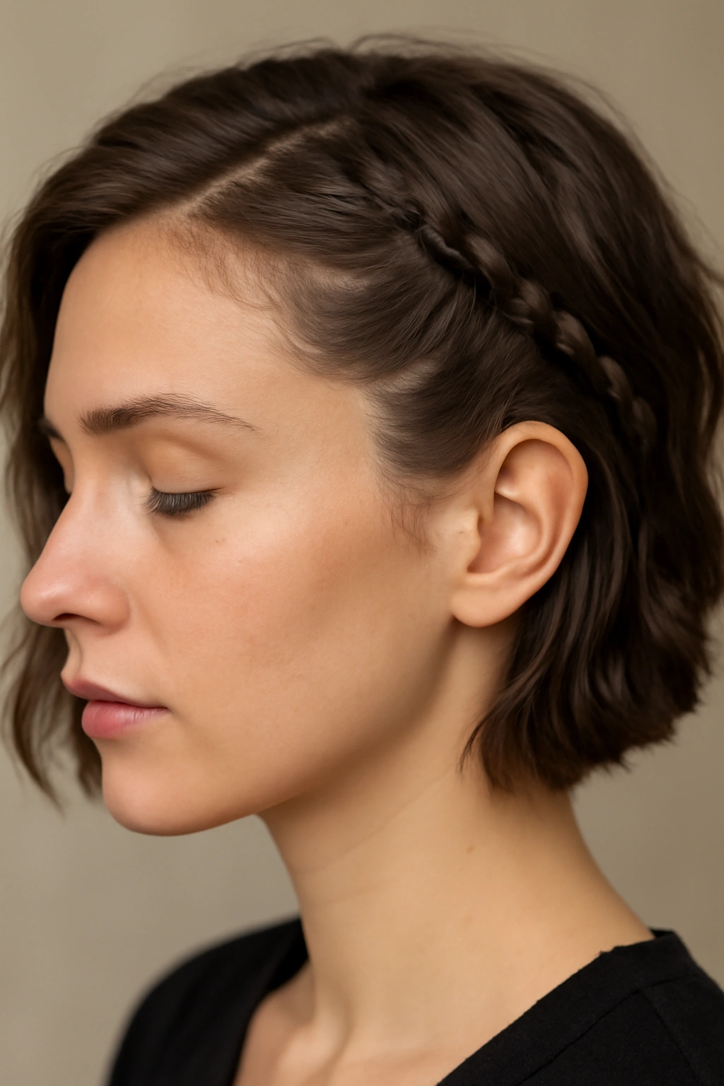 Temple-area single three-strand braid on short hair with rest unbraided