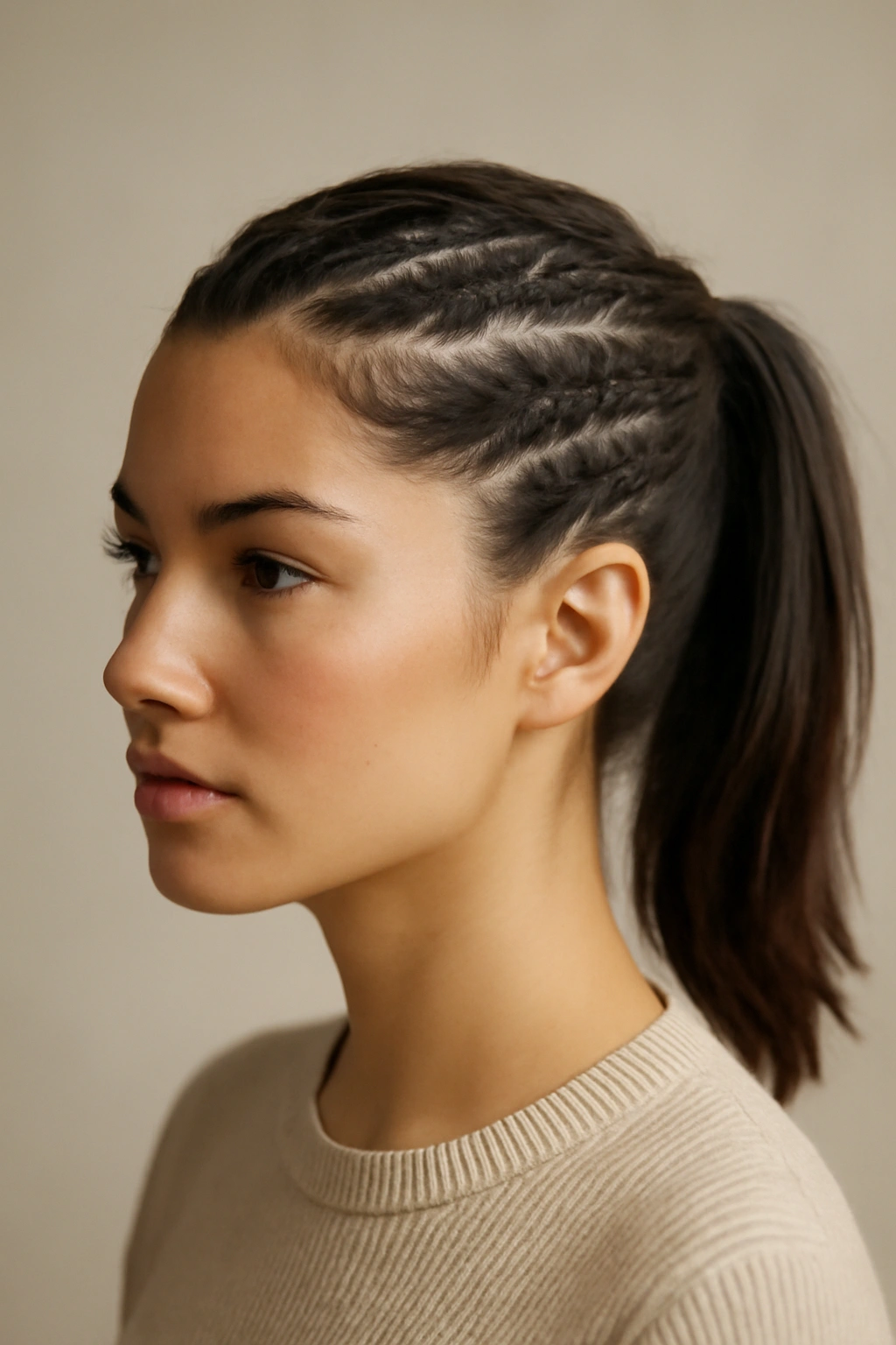 Temple braids guiding into a ponytail at the back