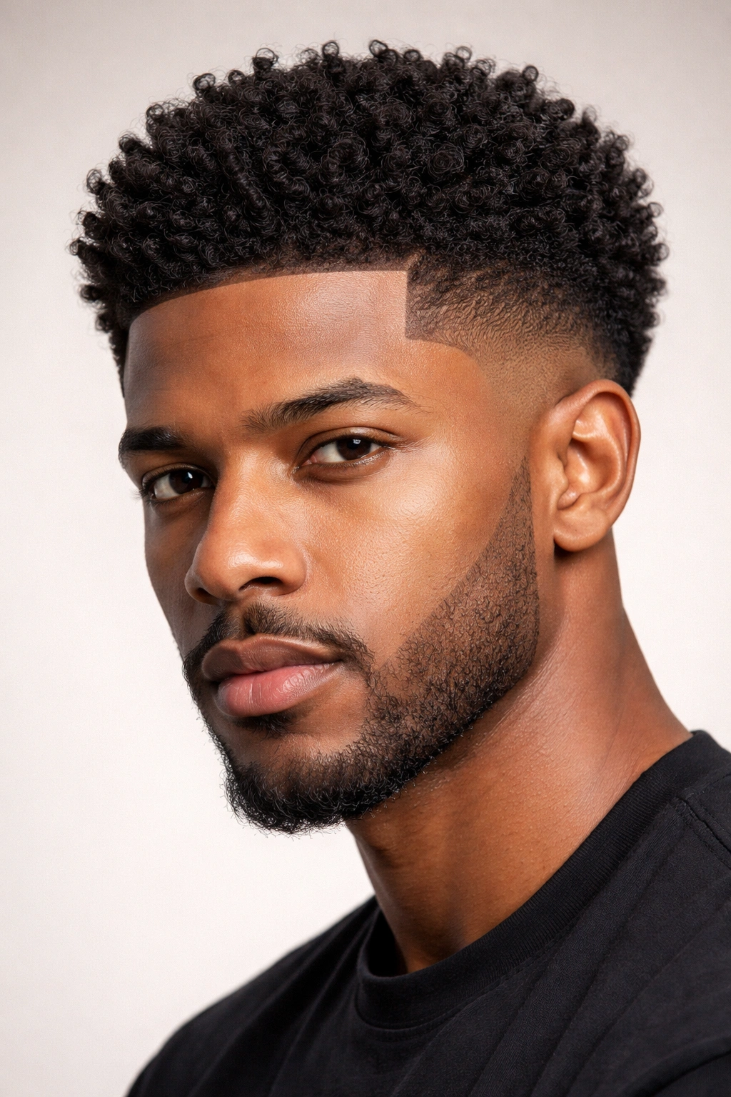 Close-up of temple fade with sharp lines and sponge curls on top